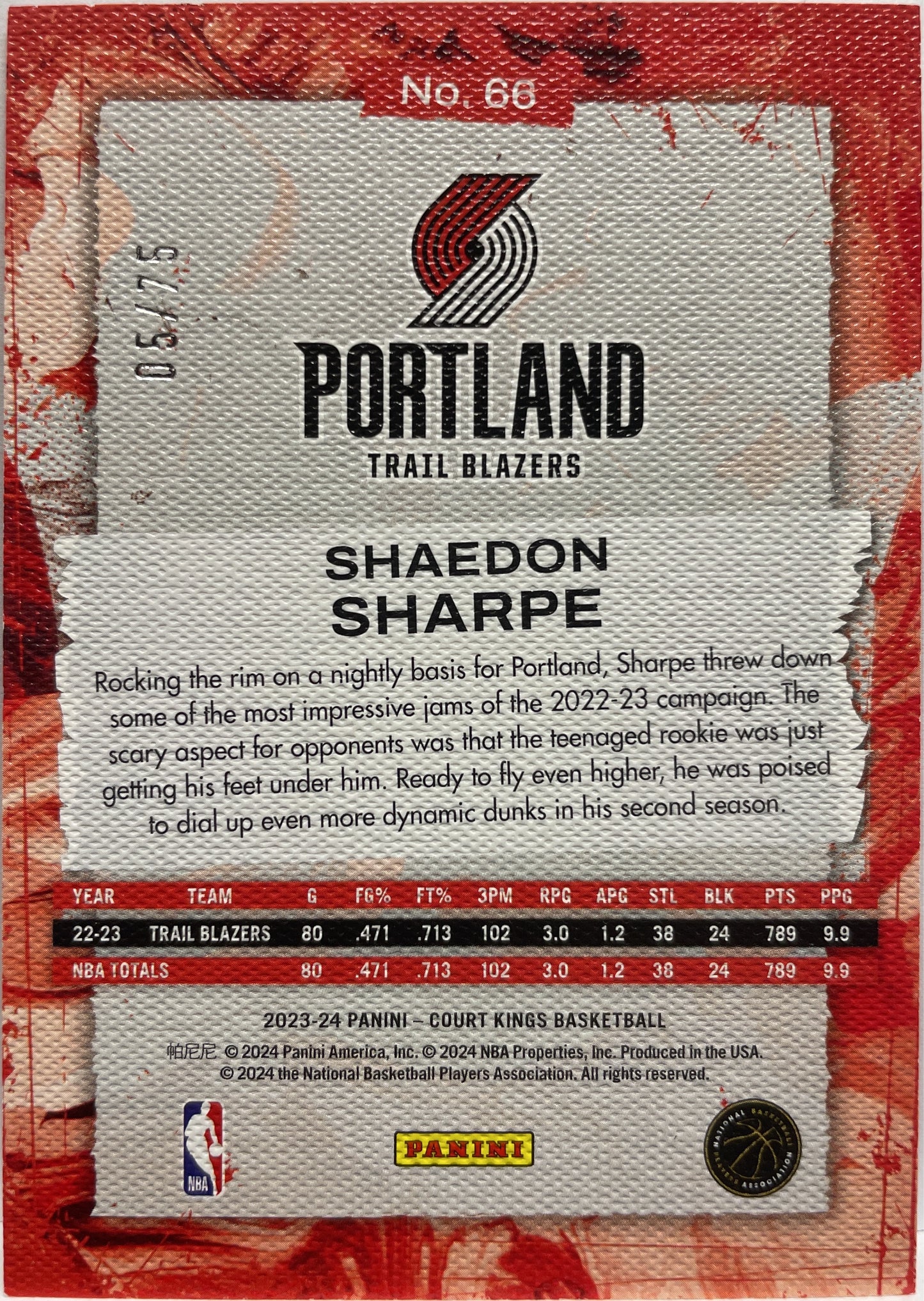 Shaedon Sharpe 5/75 Amber Court Kings Basketball NBA 2023/24