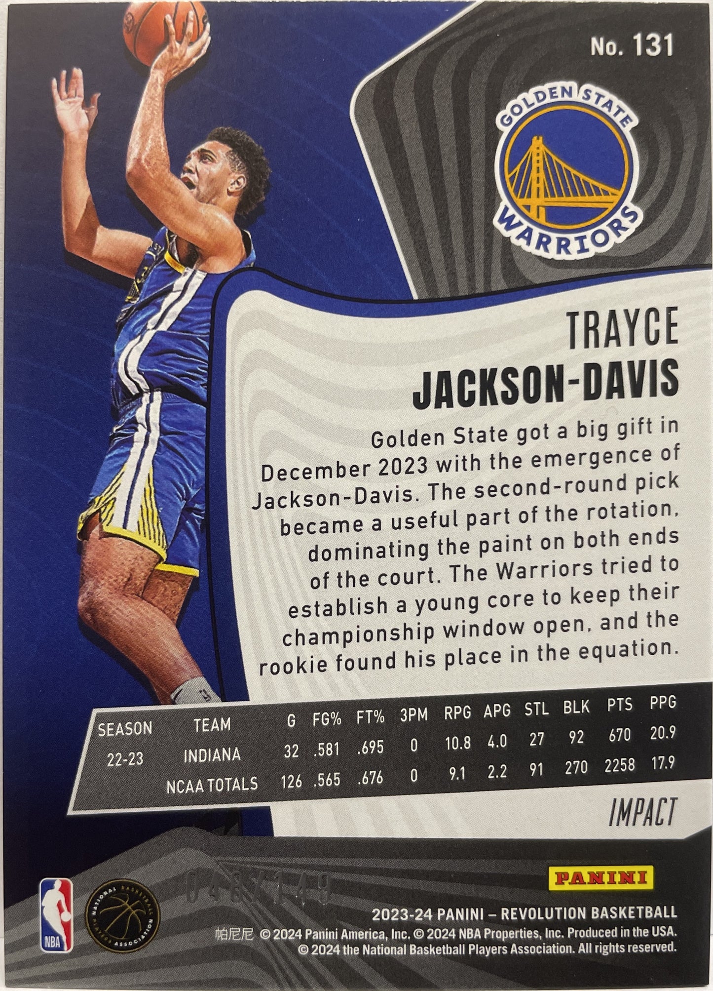 Trayce Jackson-Davis 48/149 Rookie Impact Revolution Basketball NBA 2023/24