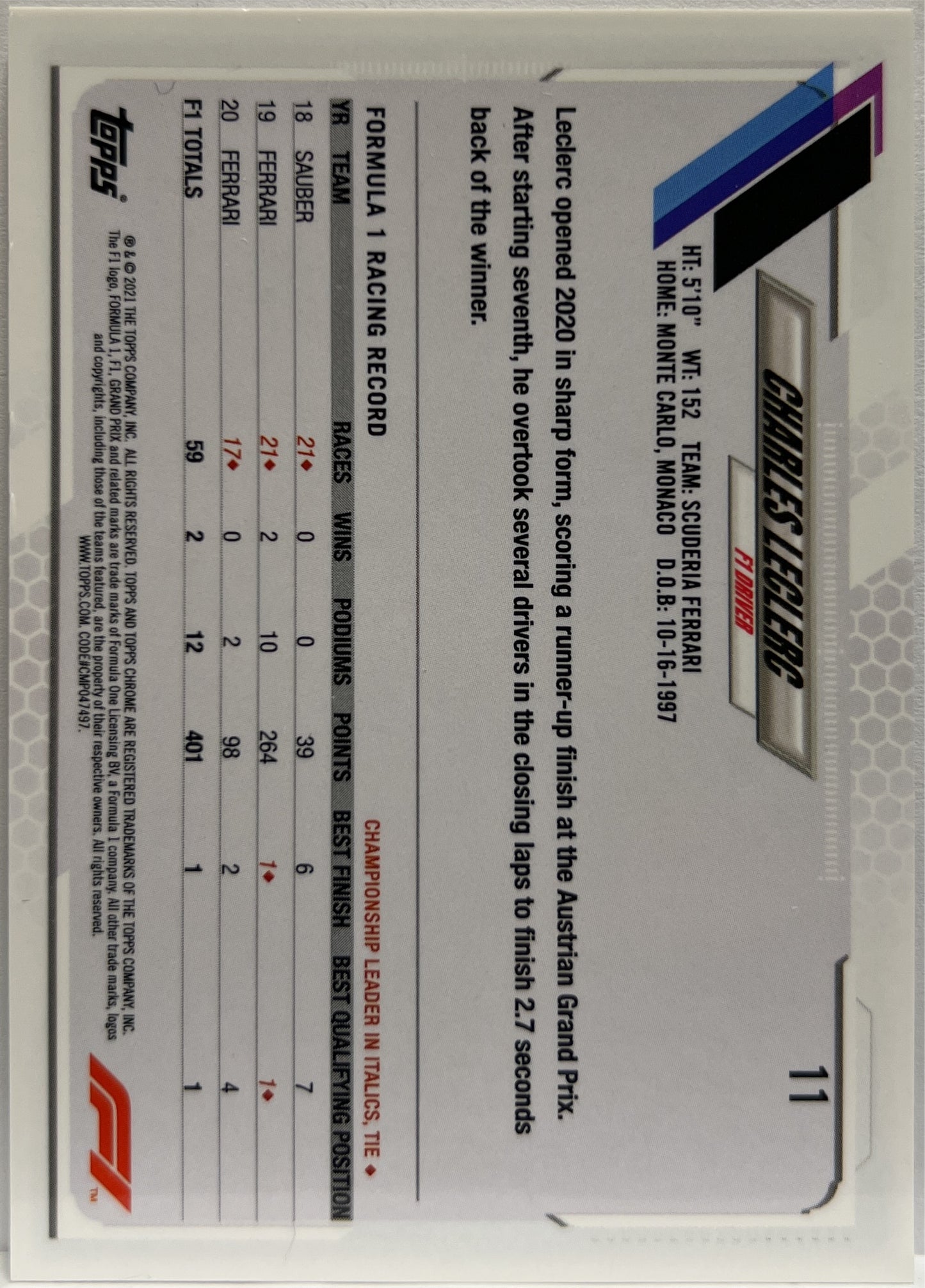 Charles Leclerc Topps Chrome F1 2021