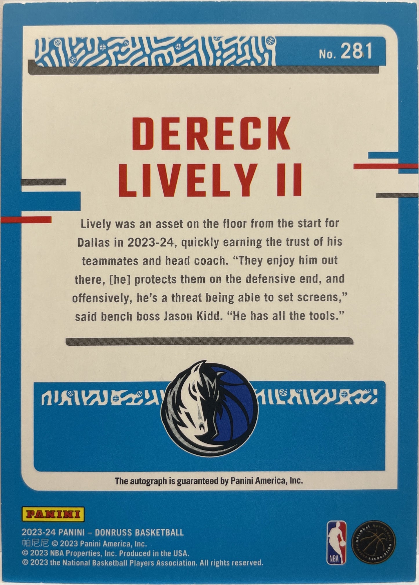 Dereck Lively II Rated Rookie Autograph Donruss Basketball NBA 2023/24