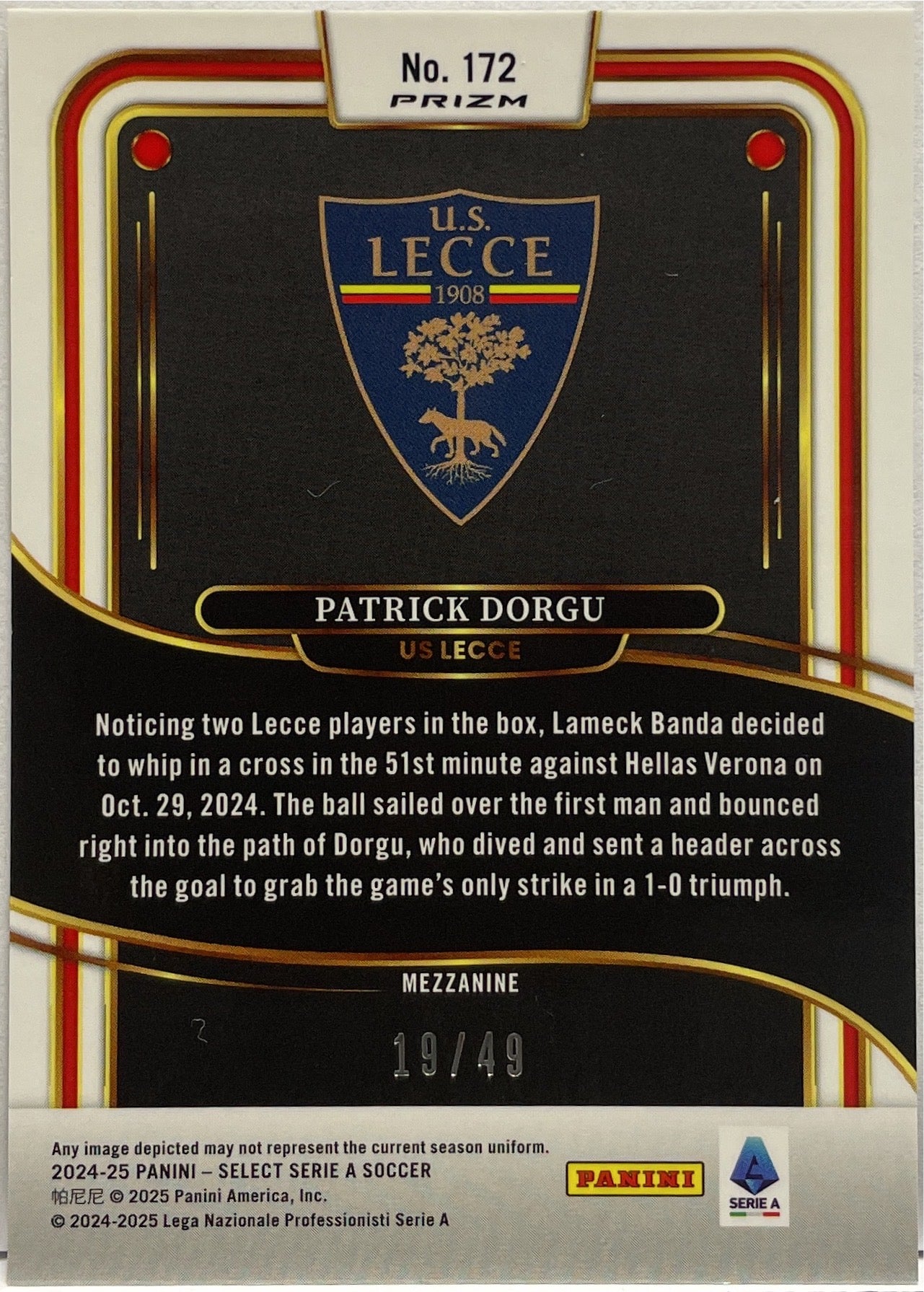 Patrick Dorgu 19/49 Mezzanine Purple Select Serie A 2024/25