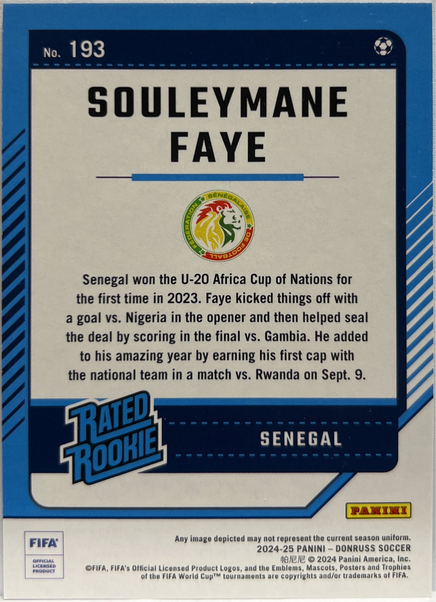 Souleymane Faye 19/199 Rated Rookie Teal Donruss Fifa 2024/25