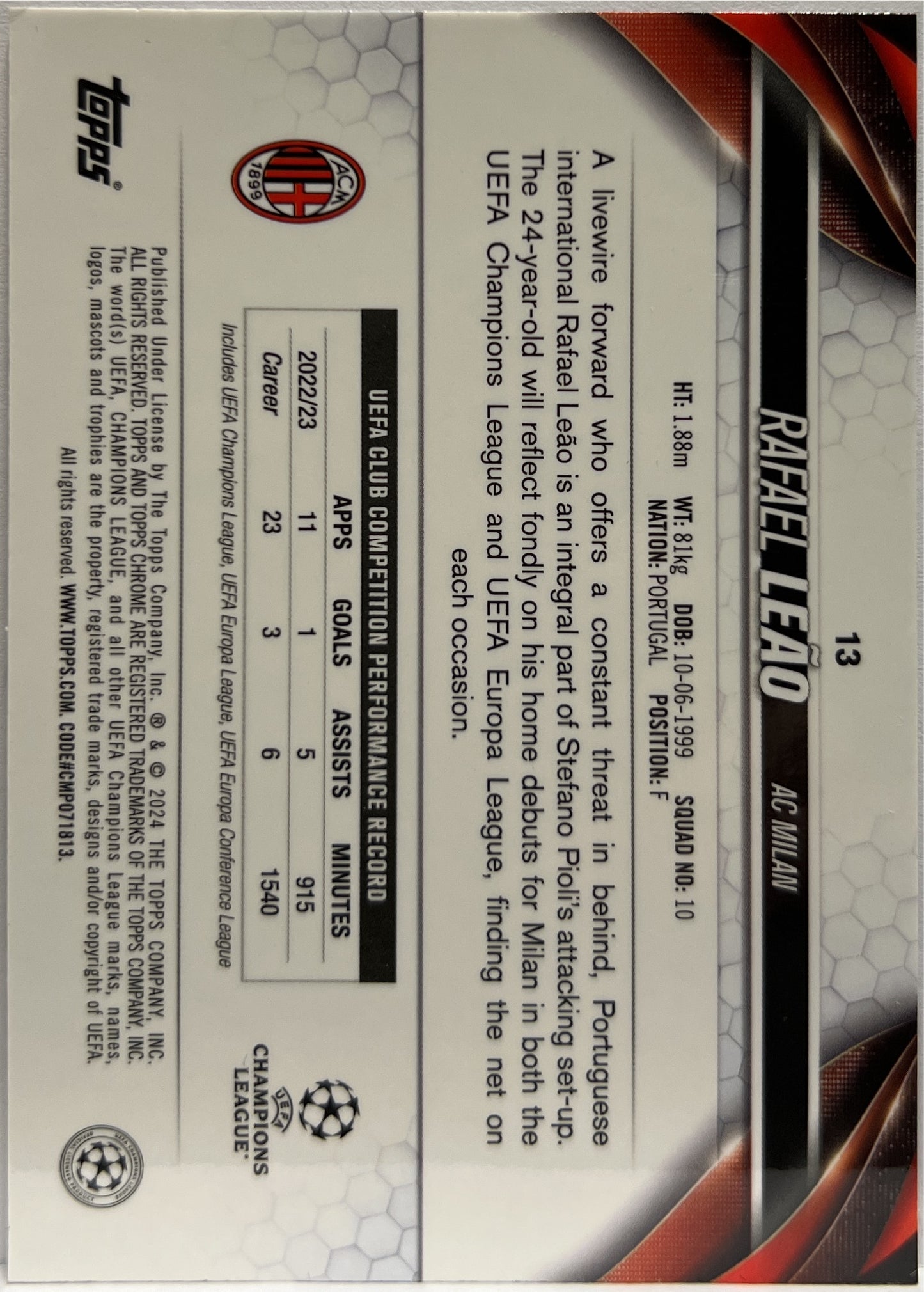 Rafael Leao 140/299 Purple Topps Chrome UCC 2023/24