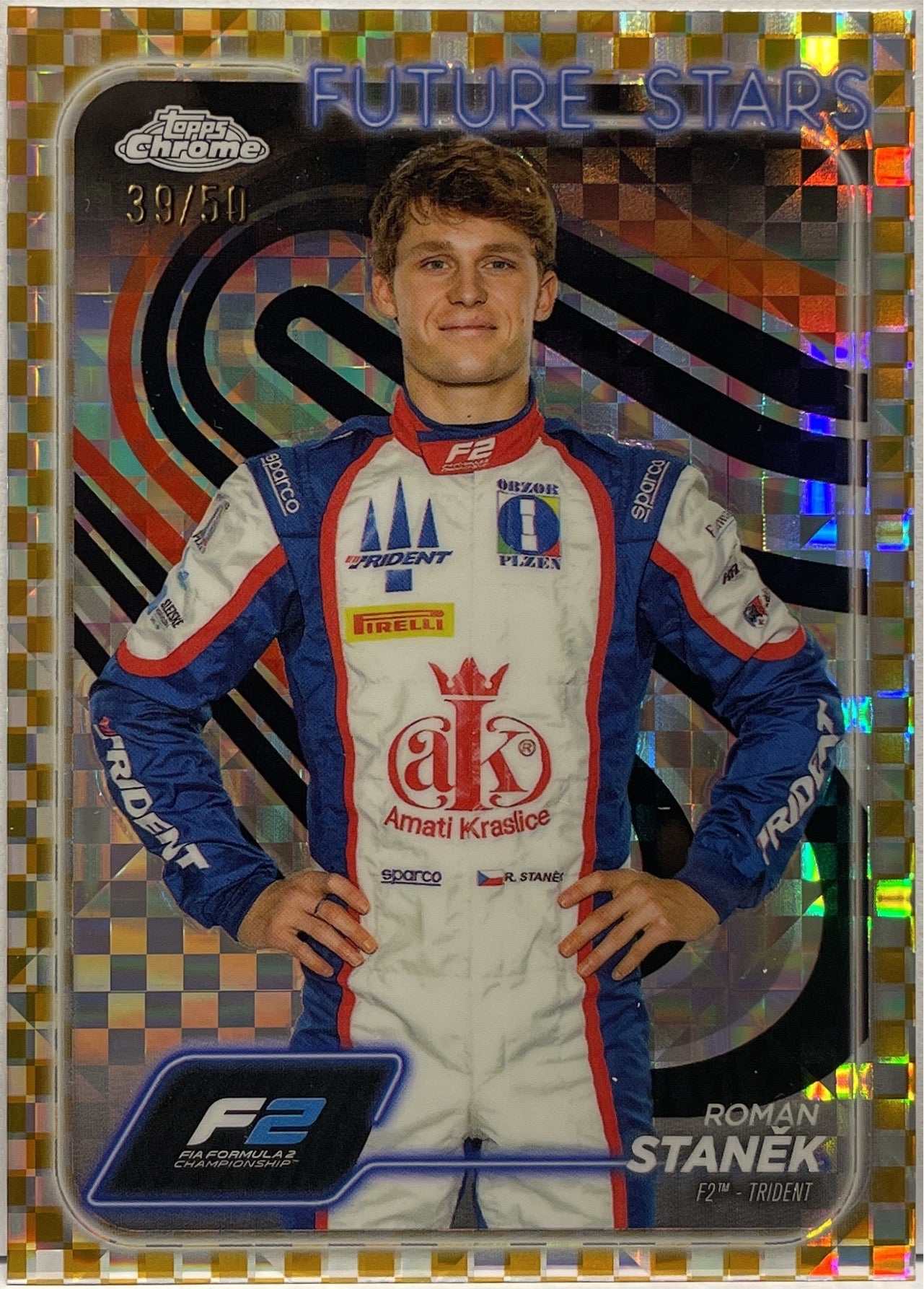 Roman Stanek 39/50 Future Stars Checker Flag Gold Topps Chrome F1 2024