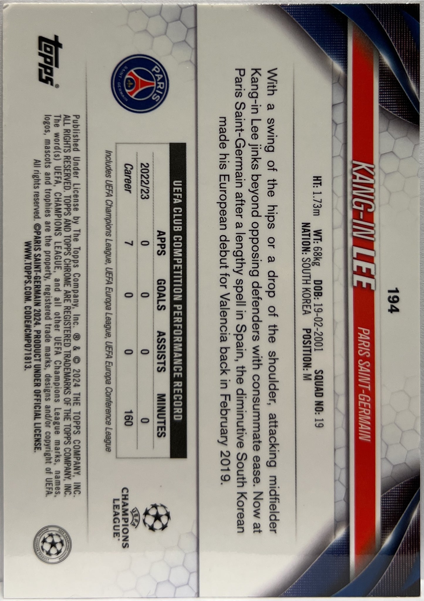 Kang In Lee 342/399 Green Shimmer Topps Chrome UCC 2023/24