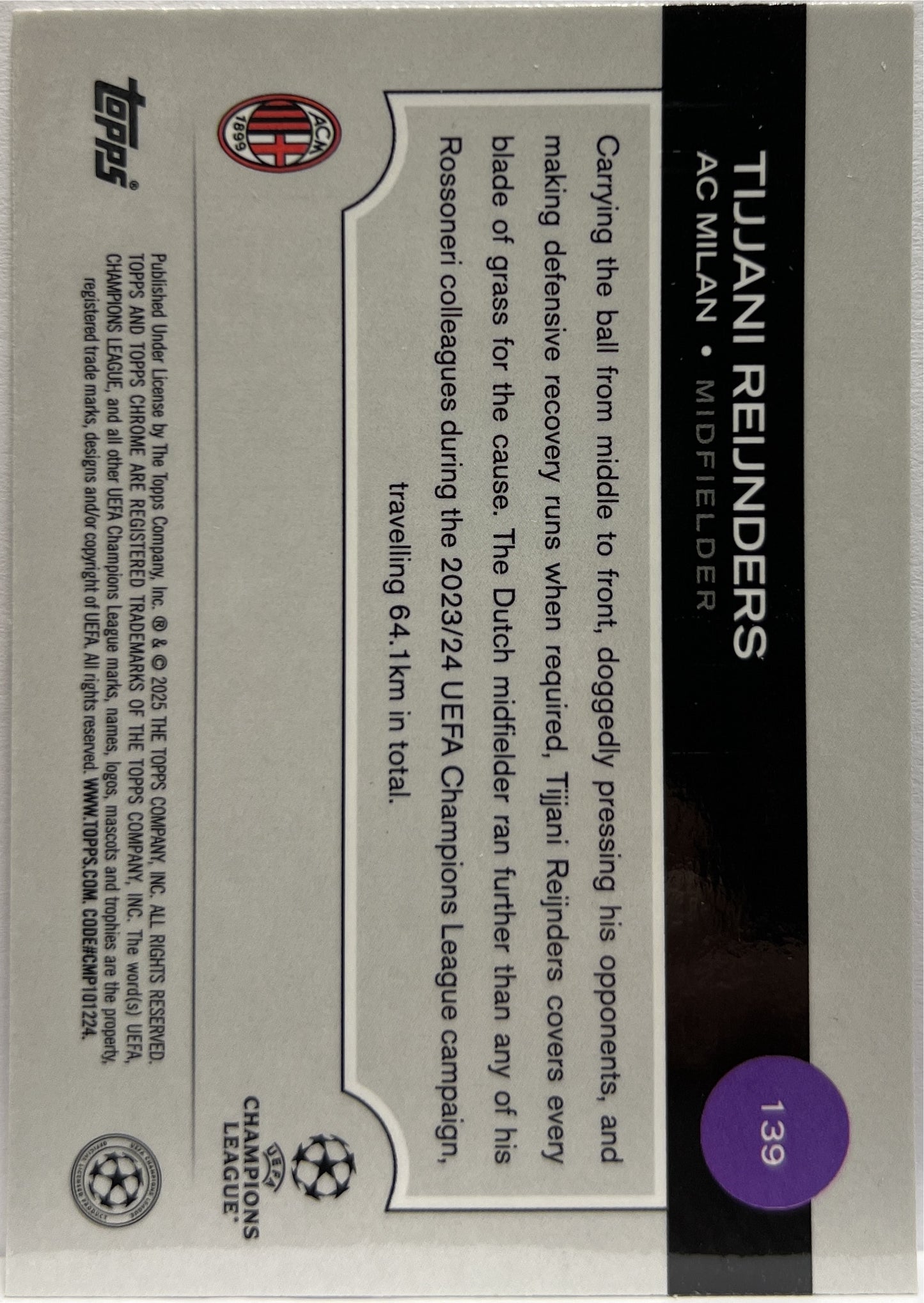 Tijjani Reijnders 142/250 Pink Topps Chrome UCC 2024/25