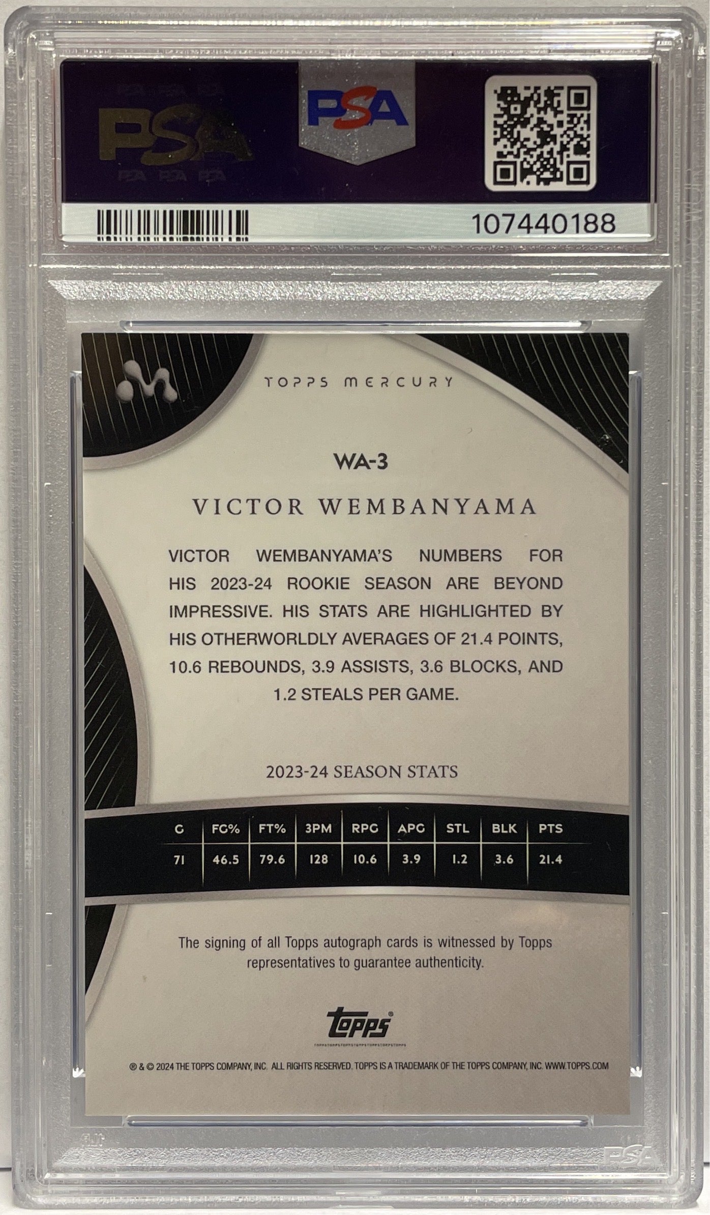 Victor Wembanyama 24/75 Rookie Autograph On Card Blue Topps Mercury 2023/24 PSA 10
