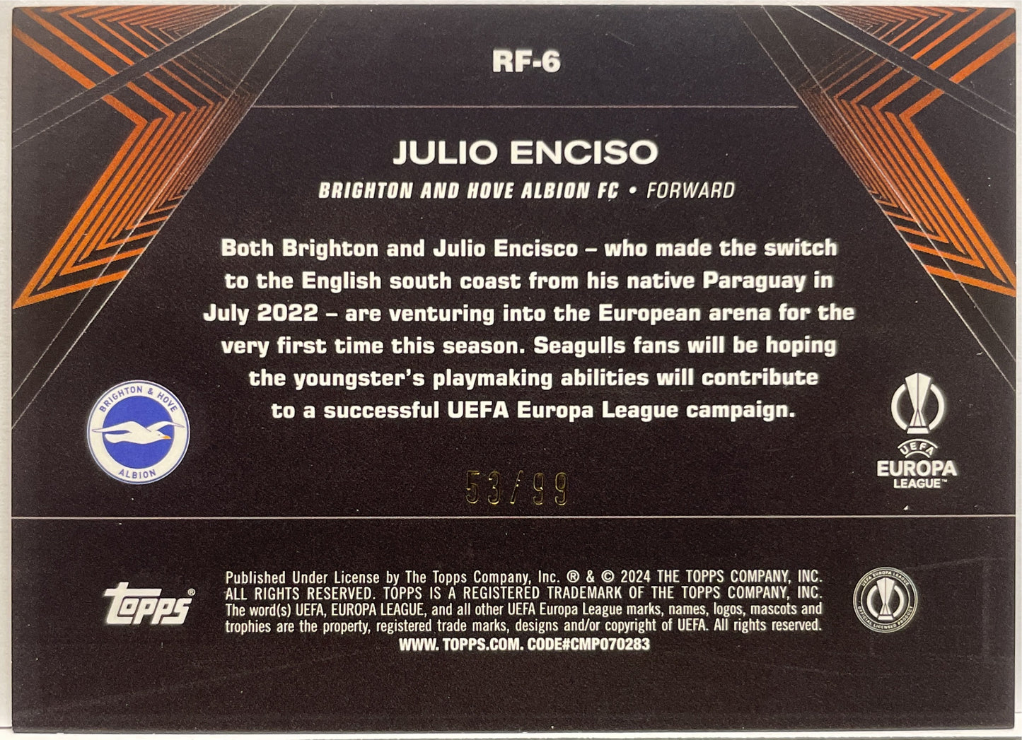 Julio Enciso 53/99 Road To The Final Blue Icy Foilboard Topps UCC 2023/24