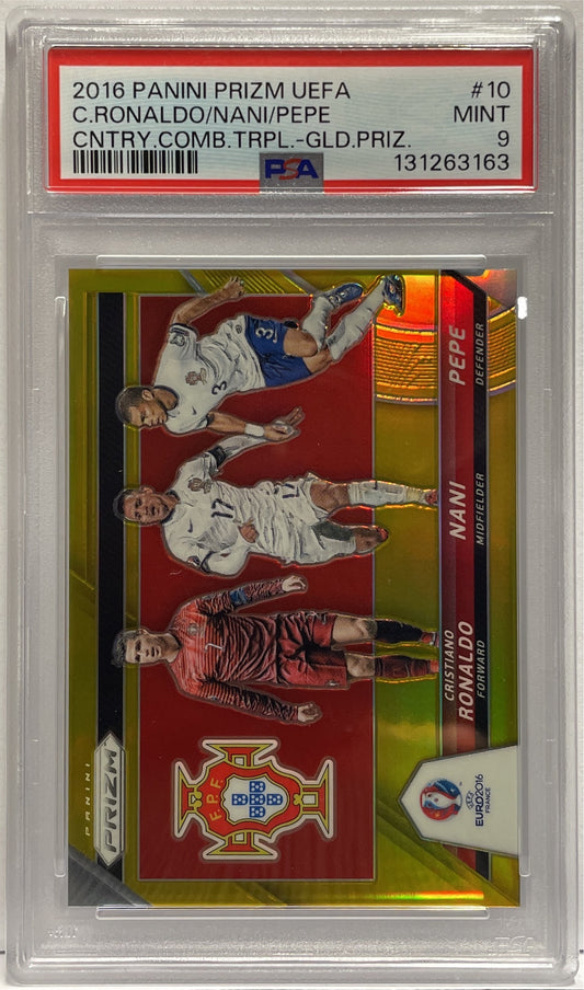 Cristiano Ronaldo Nani Pepe 9/10 Country Combinations Triple Gold Panini Prizm Uefa 2016 PSA 9