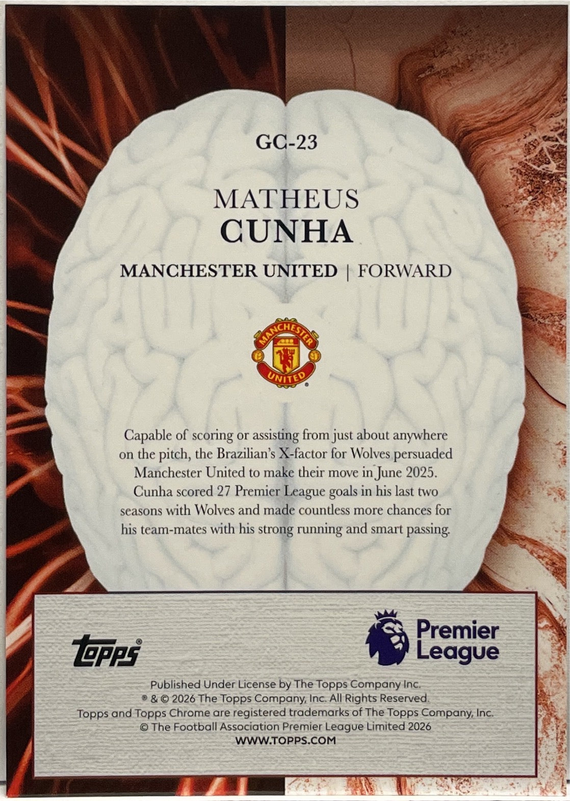 Matheus Cunha 5/10 Genius Chrome Topps Chrome Premier League EPL 2026