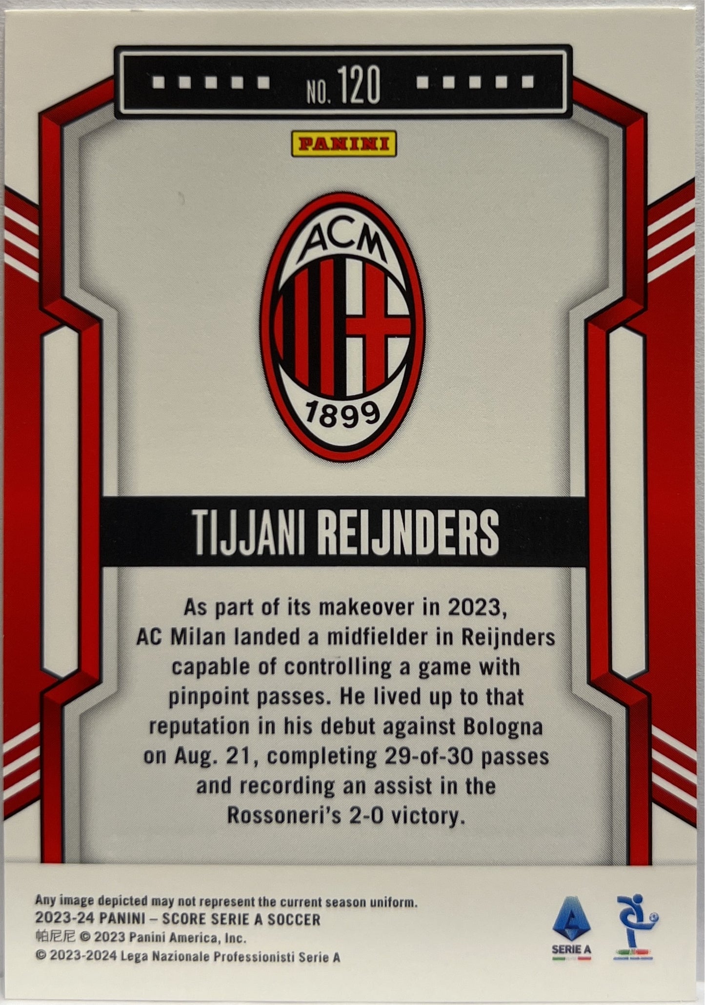 Tijjani Reijnders 6/50 Rookie Blue Laser Score Serie A 2023/24