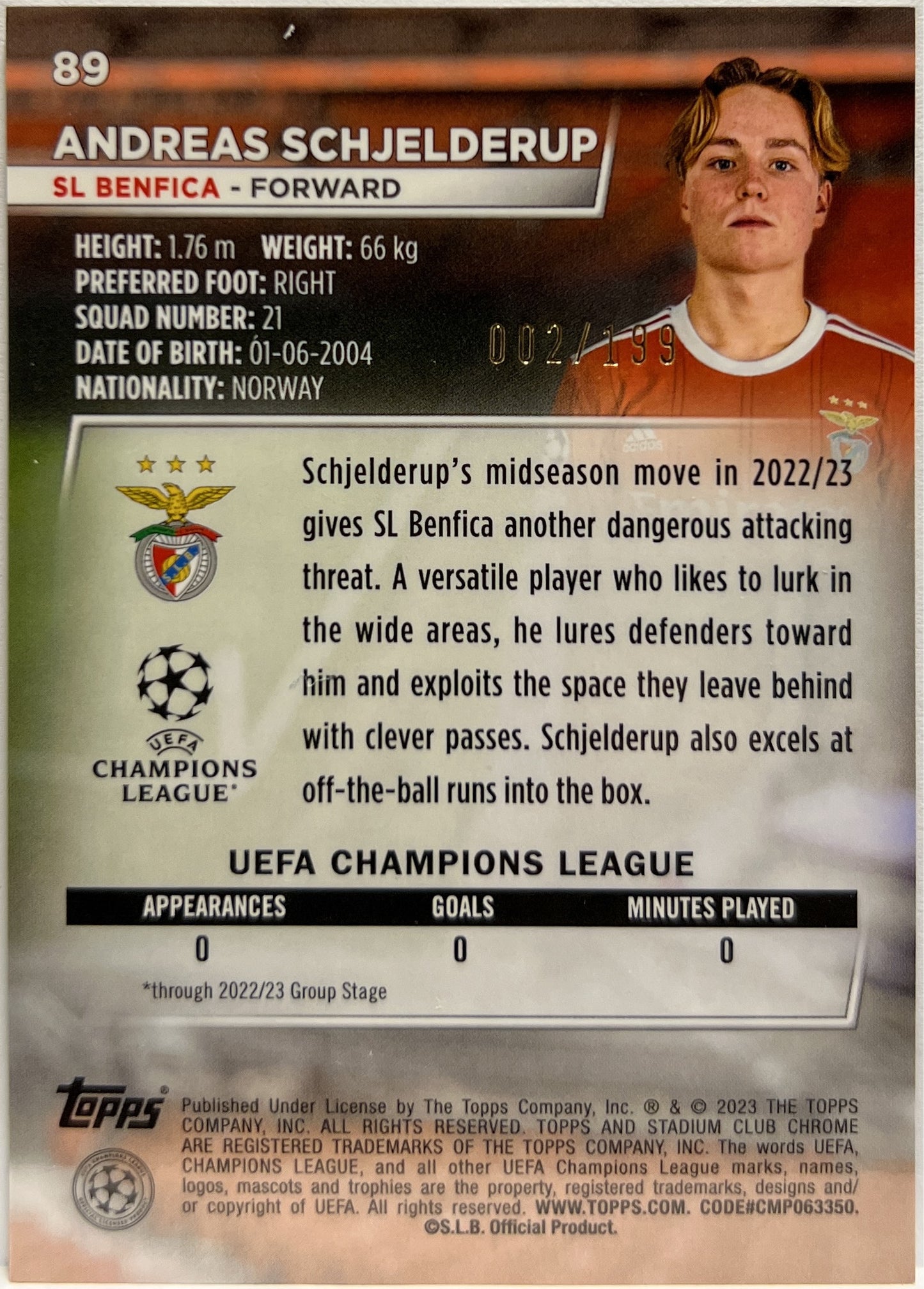 Andreas Schjelderup 2/199 Rookie Green Prism Topps Stadium Chrome 2022/23