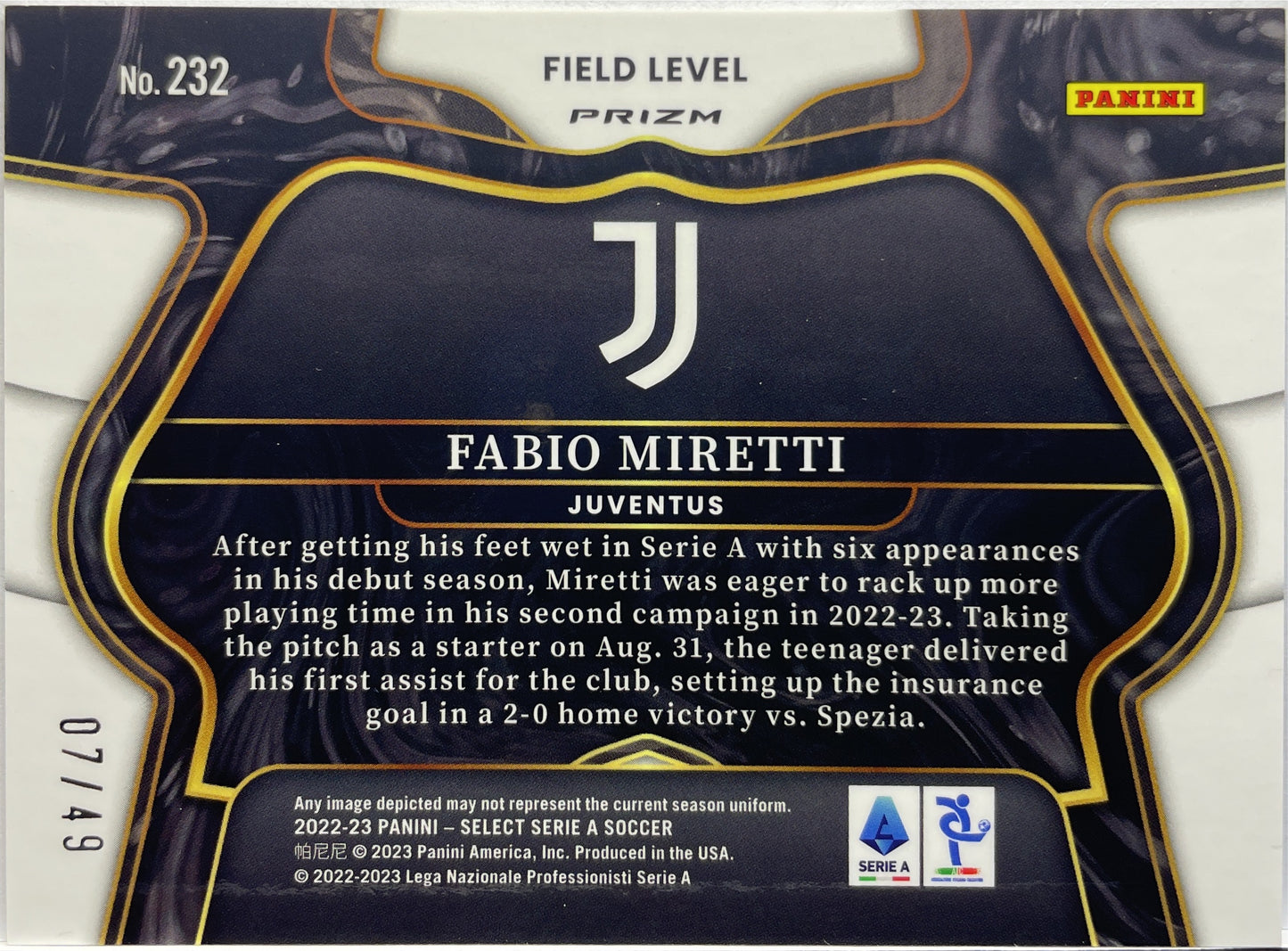 Fabio Miretti 7/49 Rookie Field Level Purple Select Serie A 2022/23