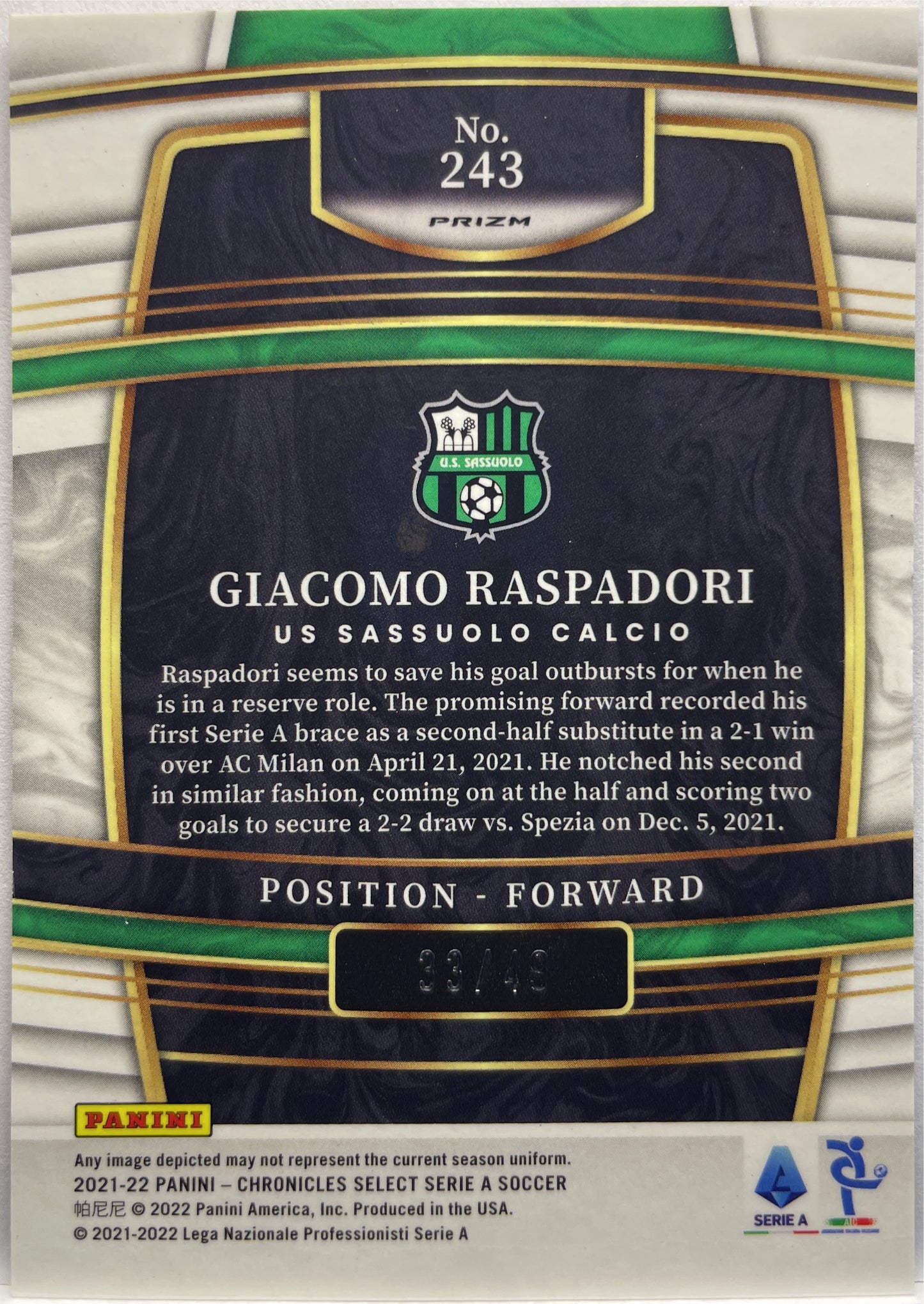 Giacomo Raspadori 33/49 Rookie Blue Select Chronicles Serie A 2021/22