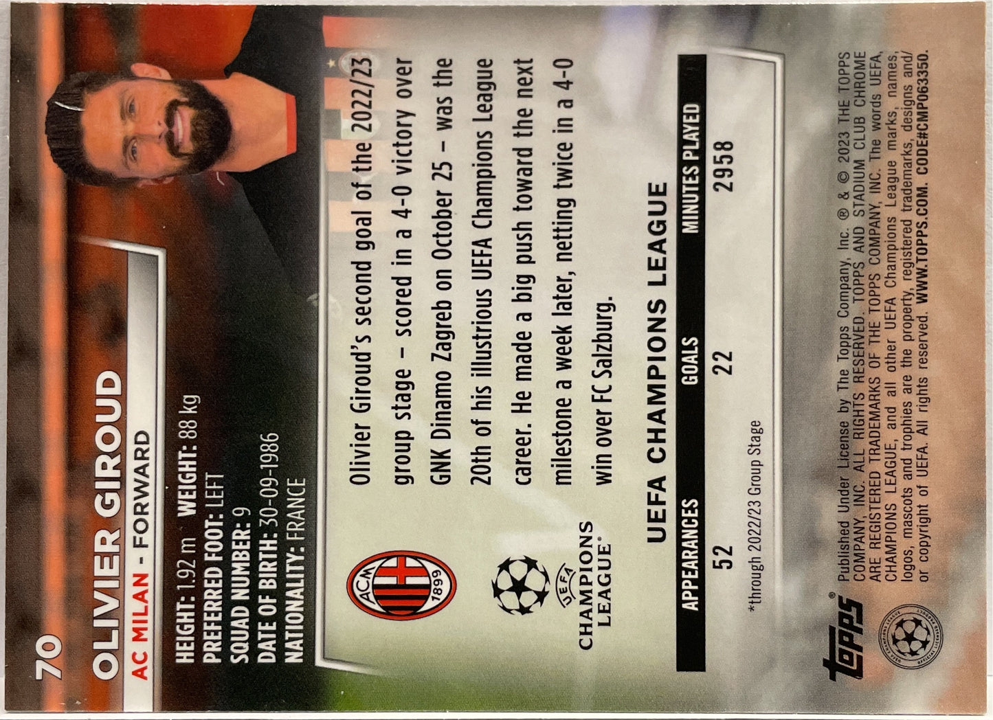 Olivier Giroud Pink Topps Stadium Chrome 2022/23