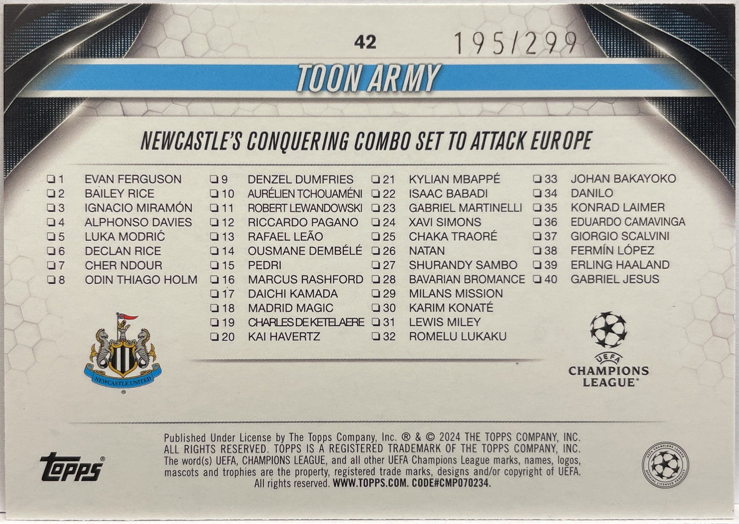 Toon Army 195/299 Newcastle United Purple Foilboard Topps UCC 2023/24