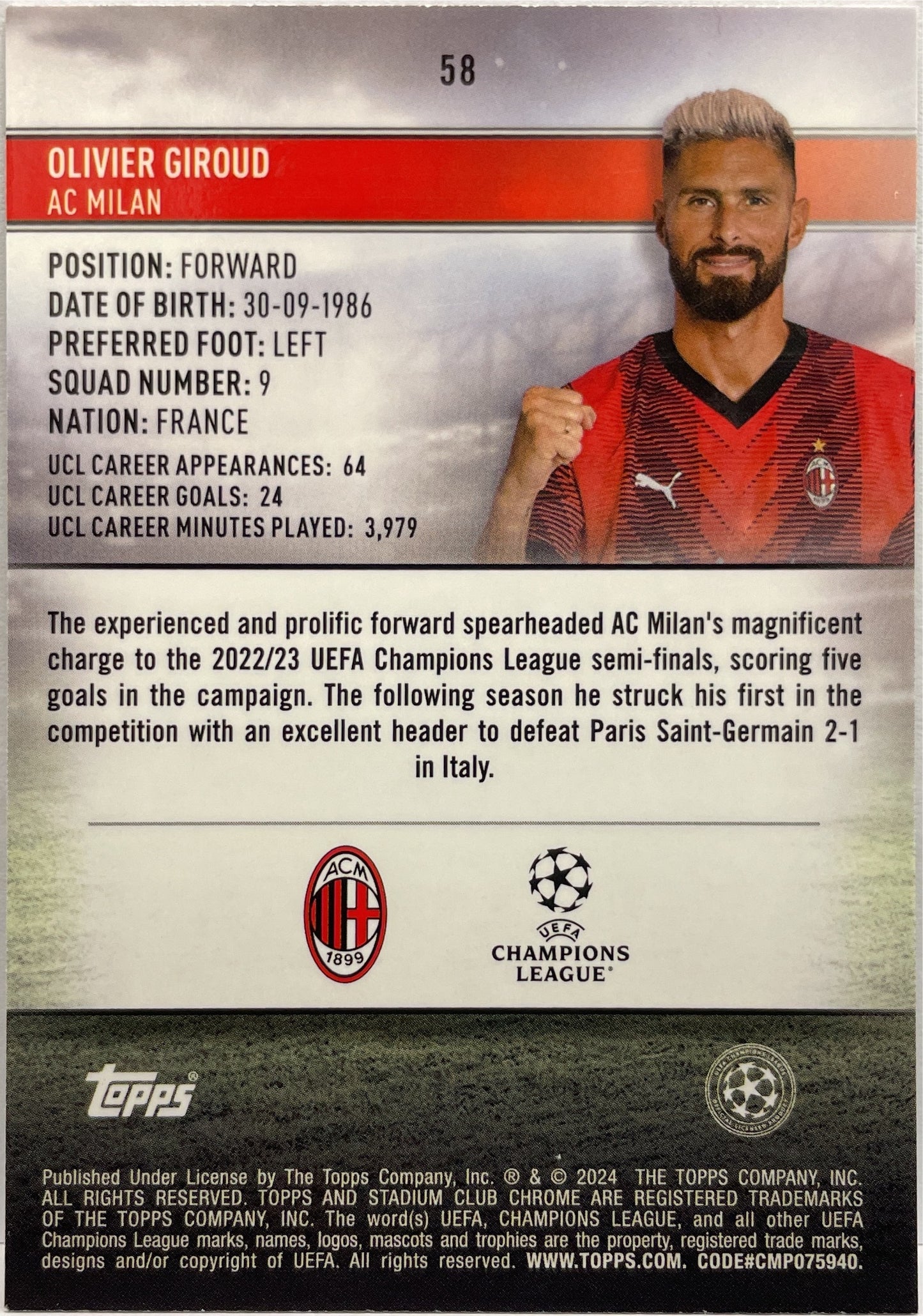 Olivier Giroud 53/150 Green Topps Stadium Chrome 2023/24