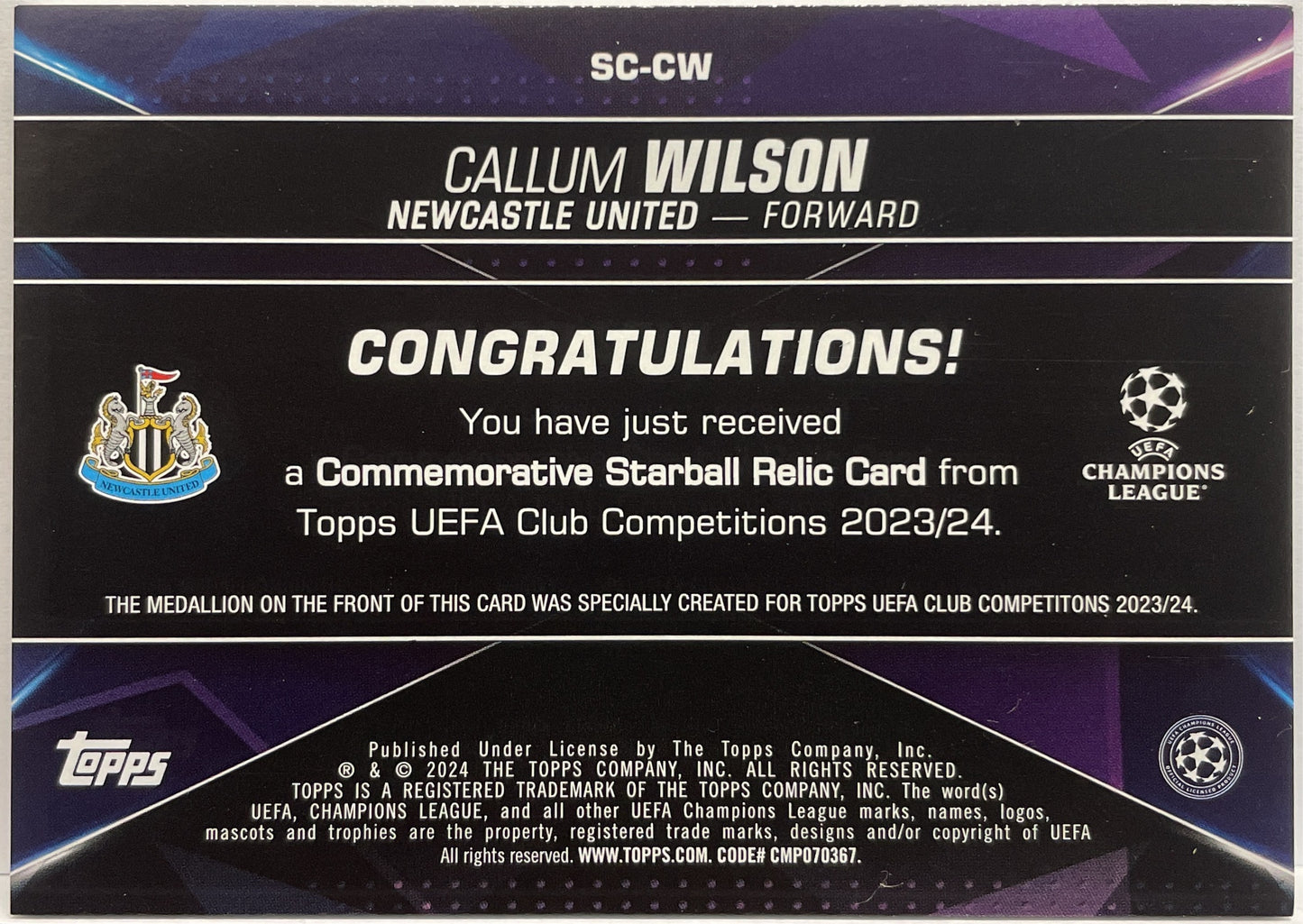 Callum Wilson Starball Commemorative Relics Topps UCC 2023/24