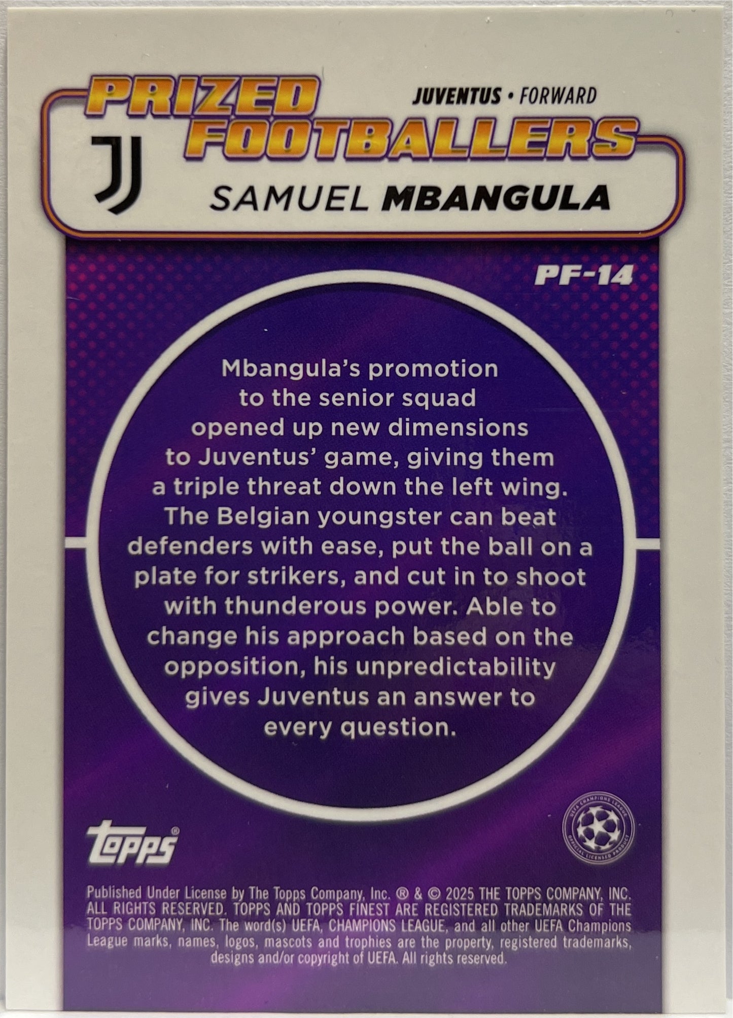 Samuel Mbangula 206/299 Rookie Prized Footballers Purple Topps Finest UCC 2024/25