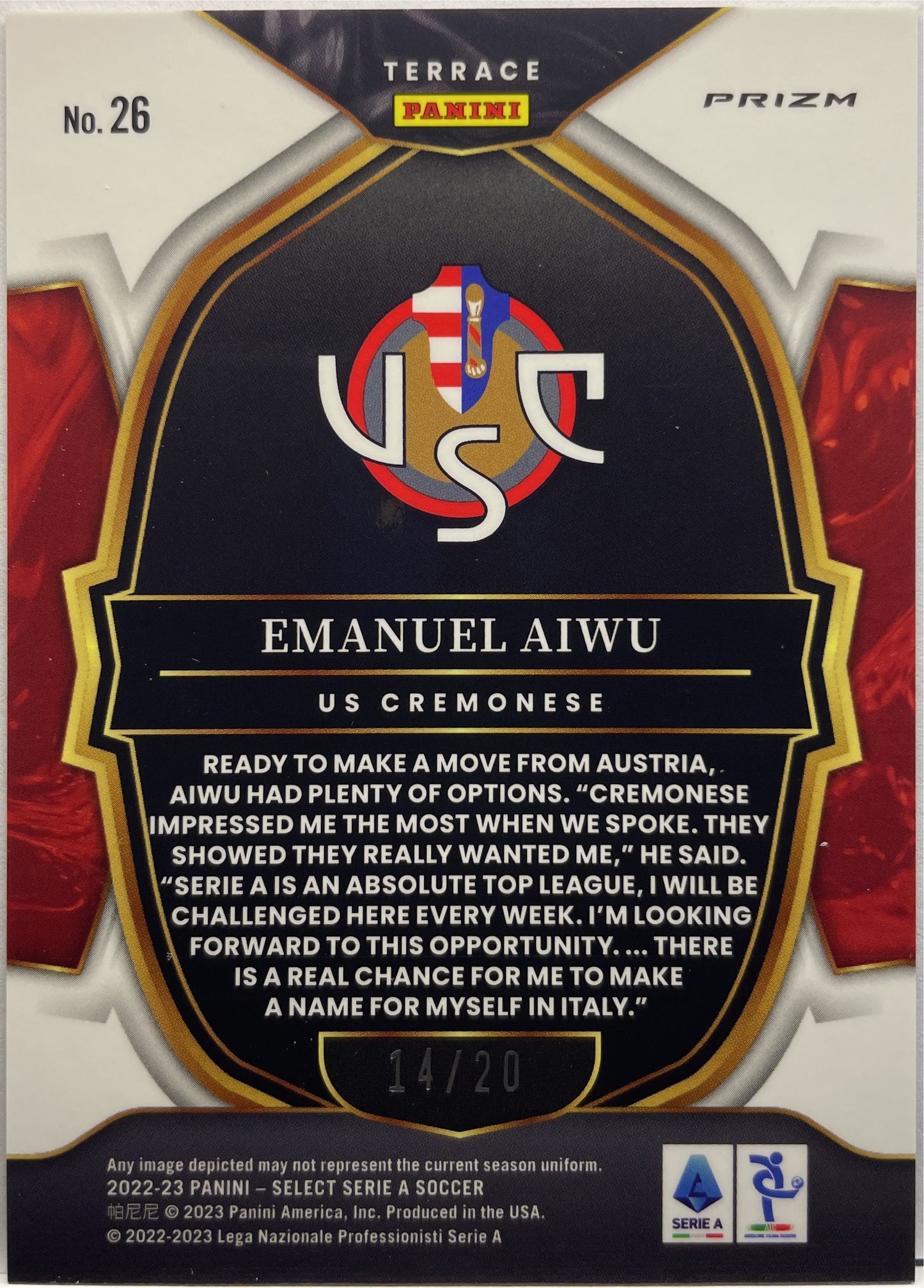 Emanuel Aiwu 14/20 Rookie Terrace Zebra Select Serie A 2022/23