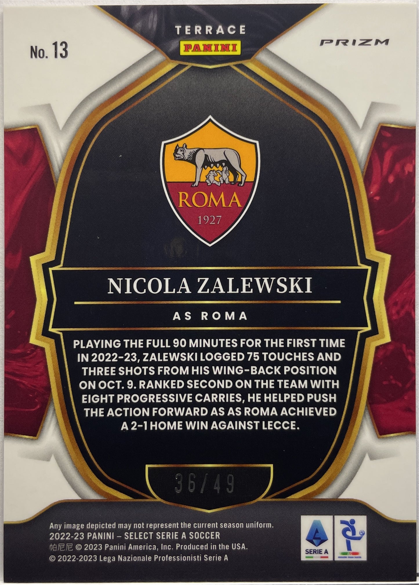 Nicola Zalewski 36/49 Rookie Terrace Purple Select Serie A 2022/23