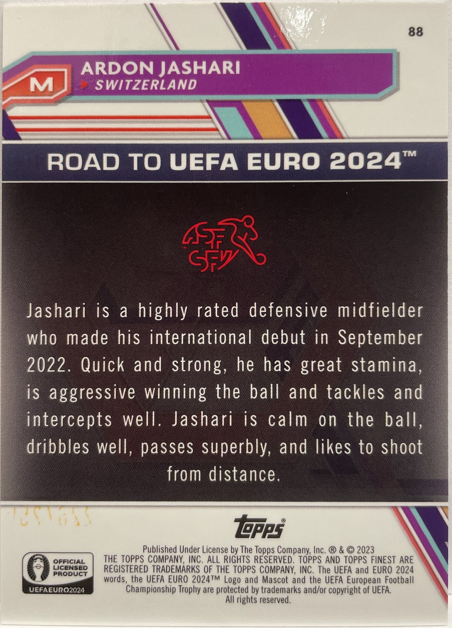 Ardon Jashari 225/250 National Debut Blue Aqua Vaporwave Topps Finest Road To Uefa Euro 2024