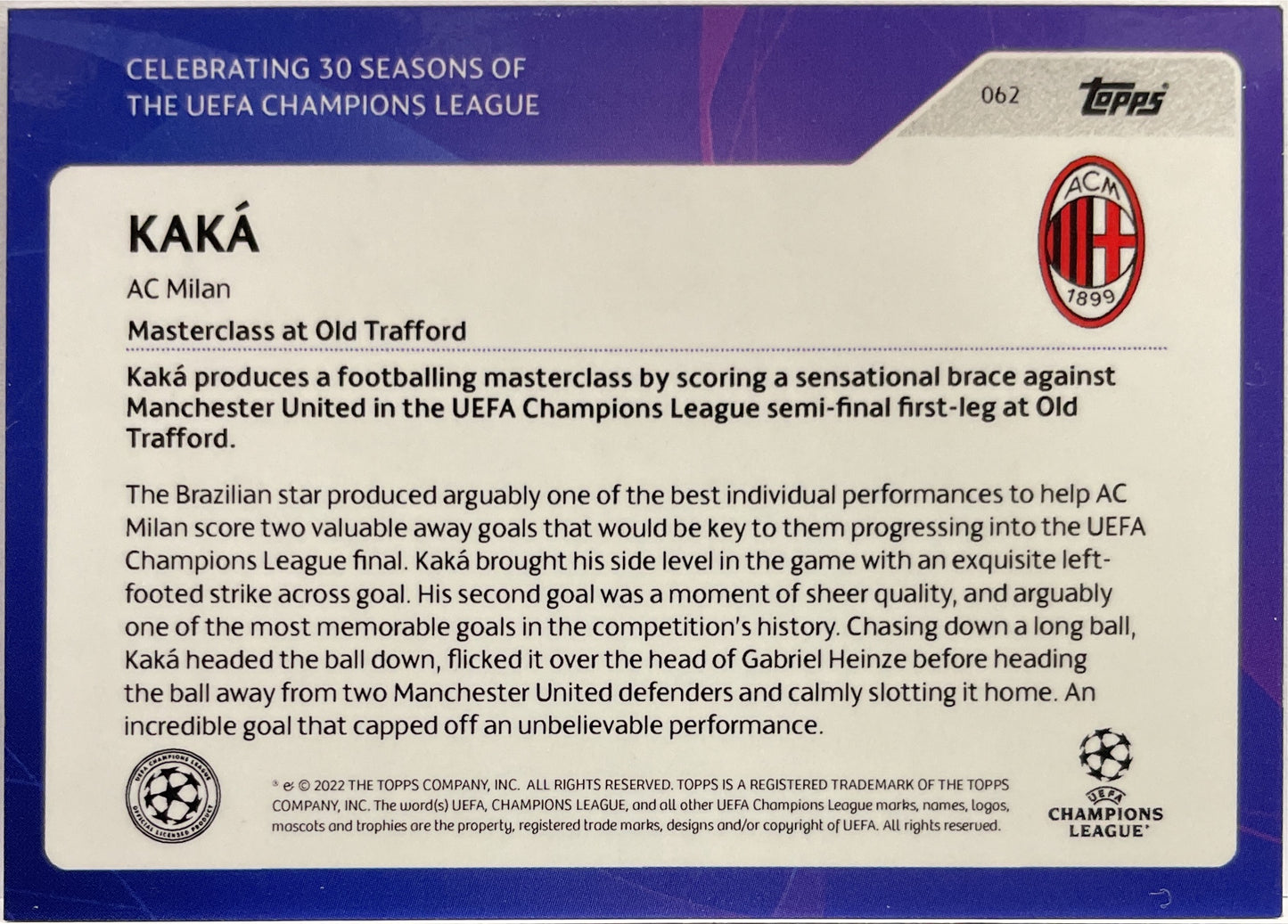 Kaka 3/25 Vs Manchester United 2007 Topps 30 Season Of UCL 2022