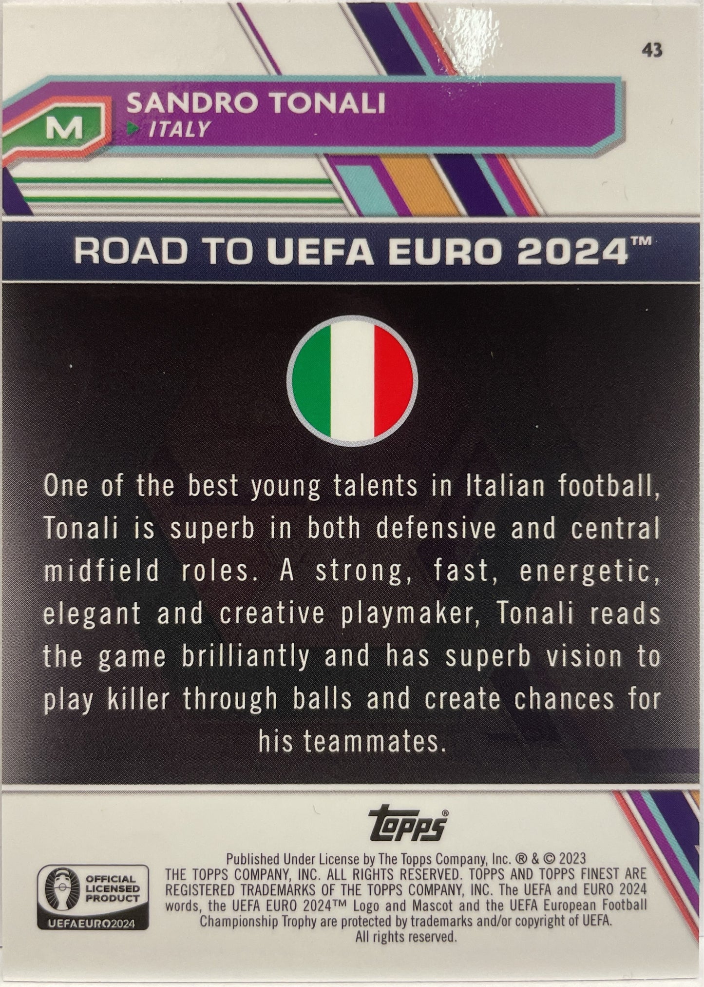 Sandro Tonali 103/250 Blue Aqua Vaporwave Topps Finest Road To Uefa Euro 2024