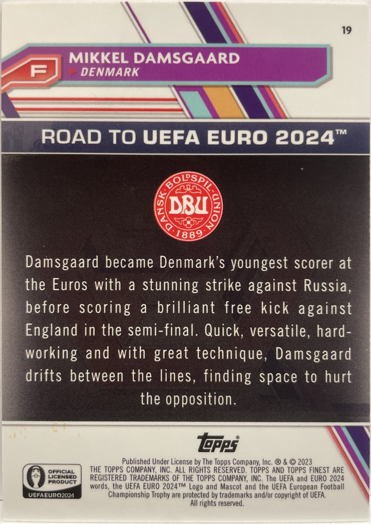 Mikkel Damsgaard 77/150 Blue Topps Finest Road To Uefa Euro 2024