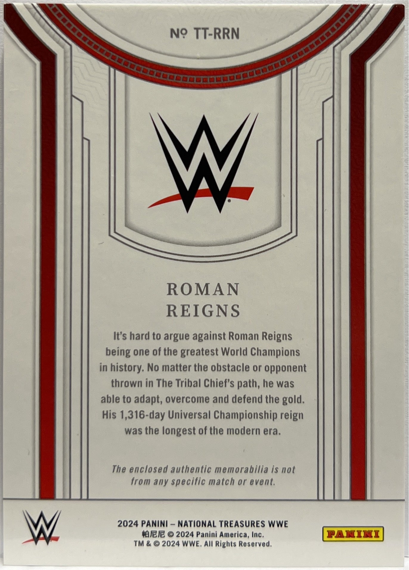 Roman Reign 15/25 Patch Treasured Threads Panini National Treasure WWE 2024