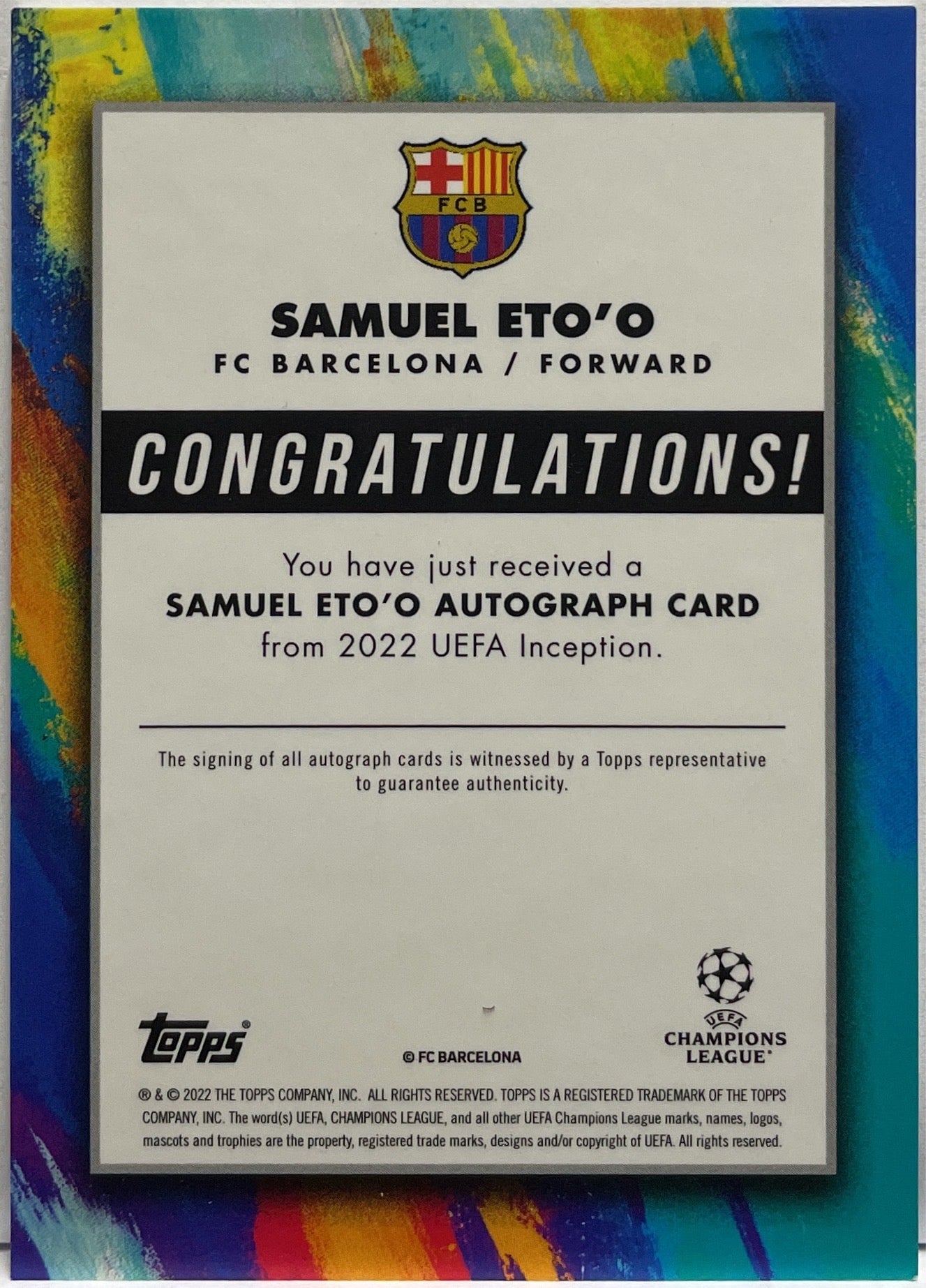 Samuel Eto'O 22/49 Autograph Legacy Blue Topps Inception 2021/22