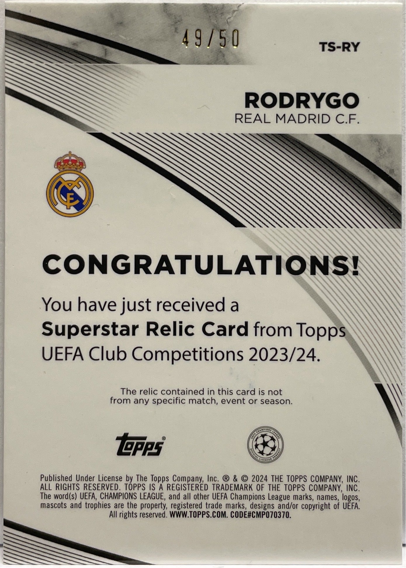 Rodrygo 49/50 Patch Worn Gold Topps UCC 2023/24