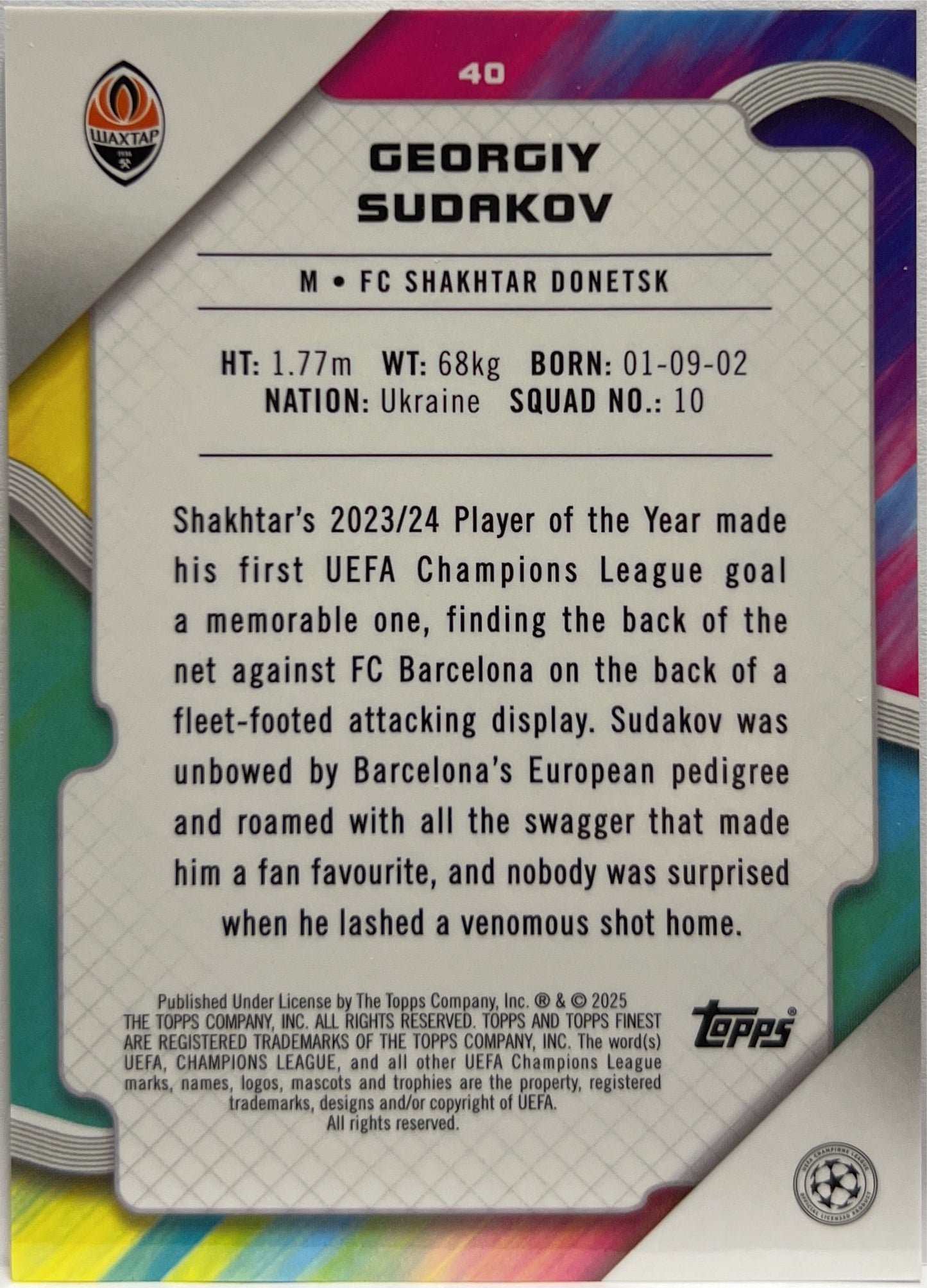 Georgiy Sudakov 5/25 Orange Topps Finest UCC 2024/25