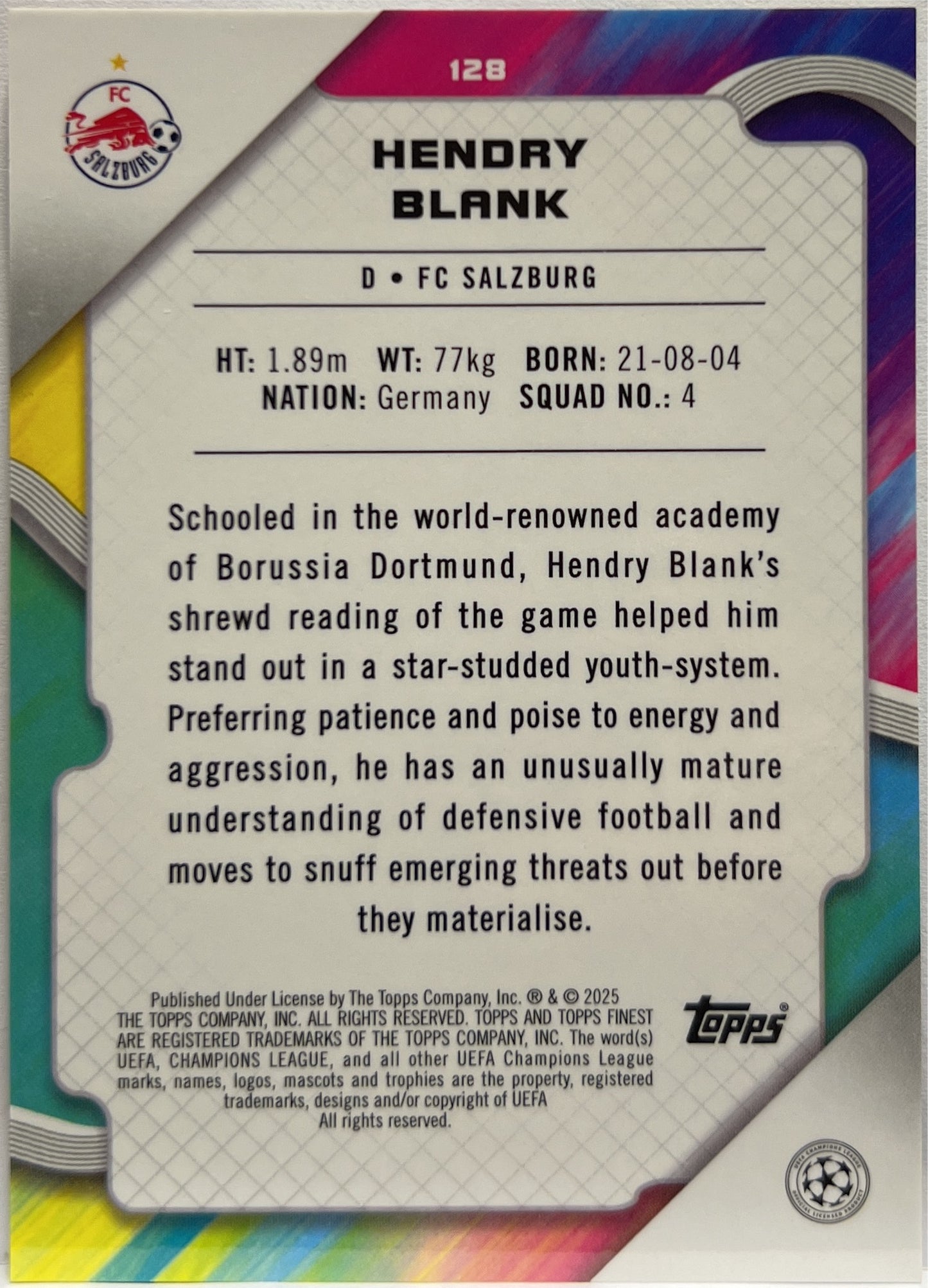 Hendry Blank 34/50 Rookie Rose Gold Mini Diamond Topps Finest UCC 2024/25