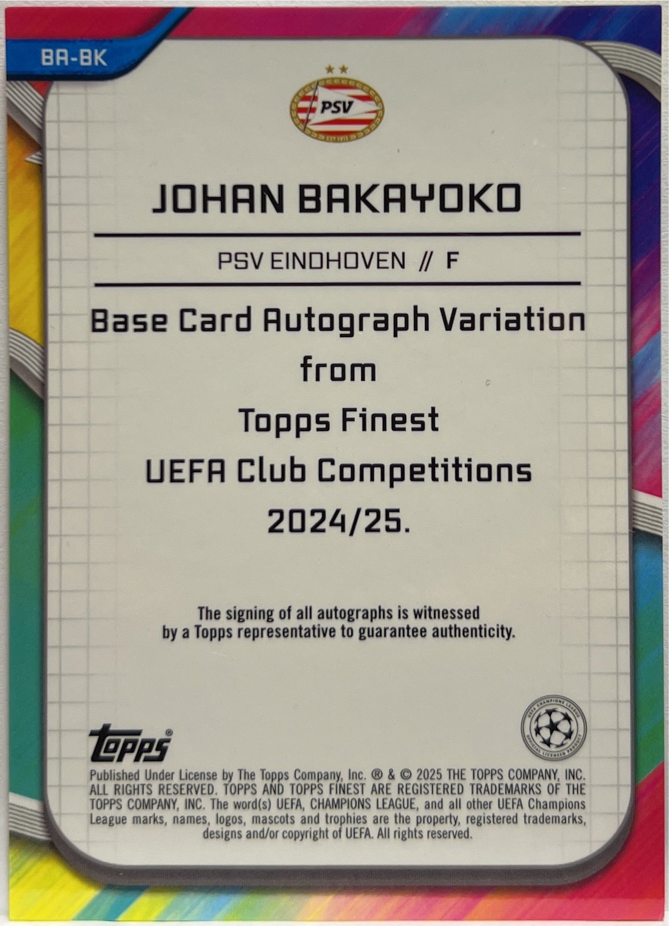 Johan Bakayoko 120/125 Autograph Pink Prism Topps Finest UCC 2024/25