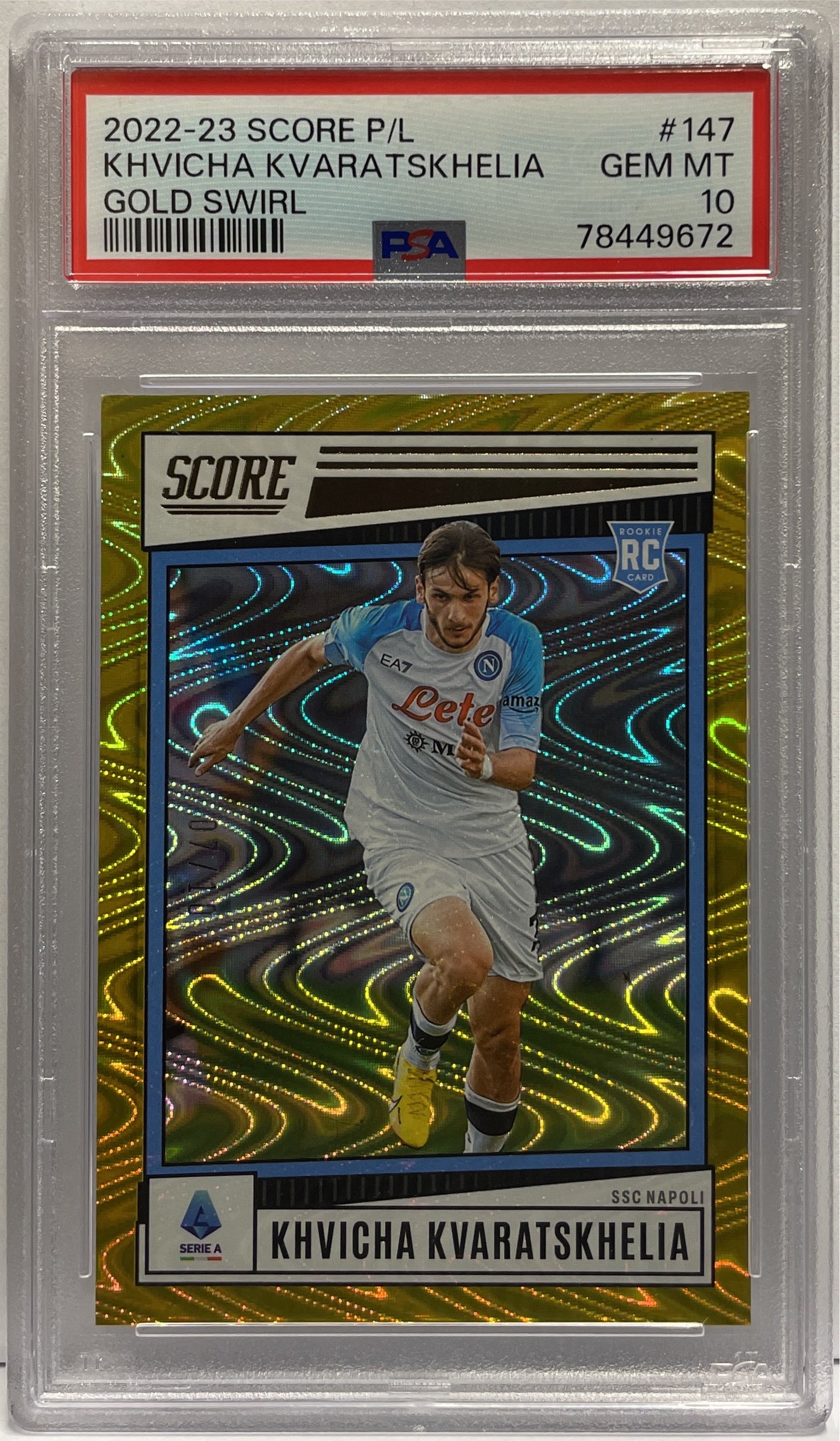 Khvicha Kvaratskhelia 7/10 Rookie Gold Swirl Panini Score Serie A 2022/23 PSA 10