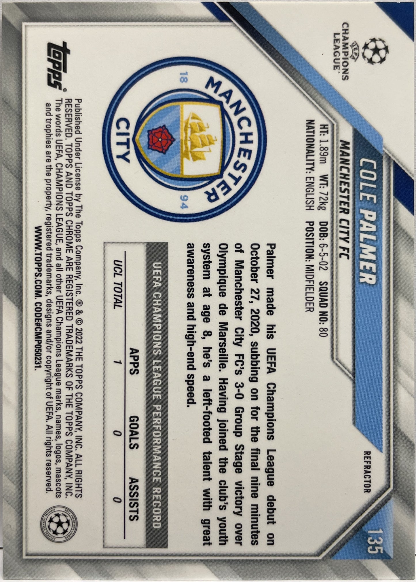 Cole Palmer Rookie Refractor Topps Chrome UCL 2021/22