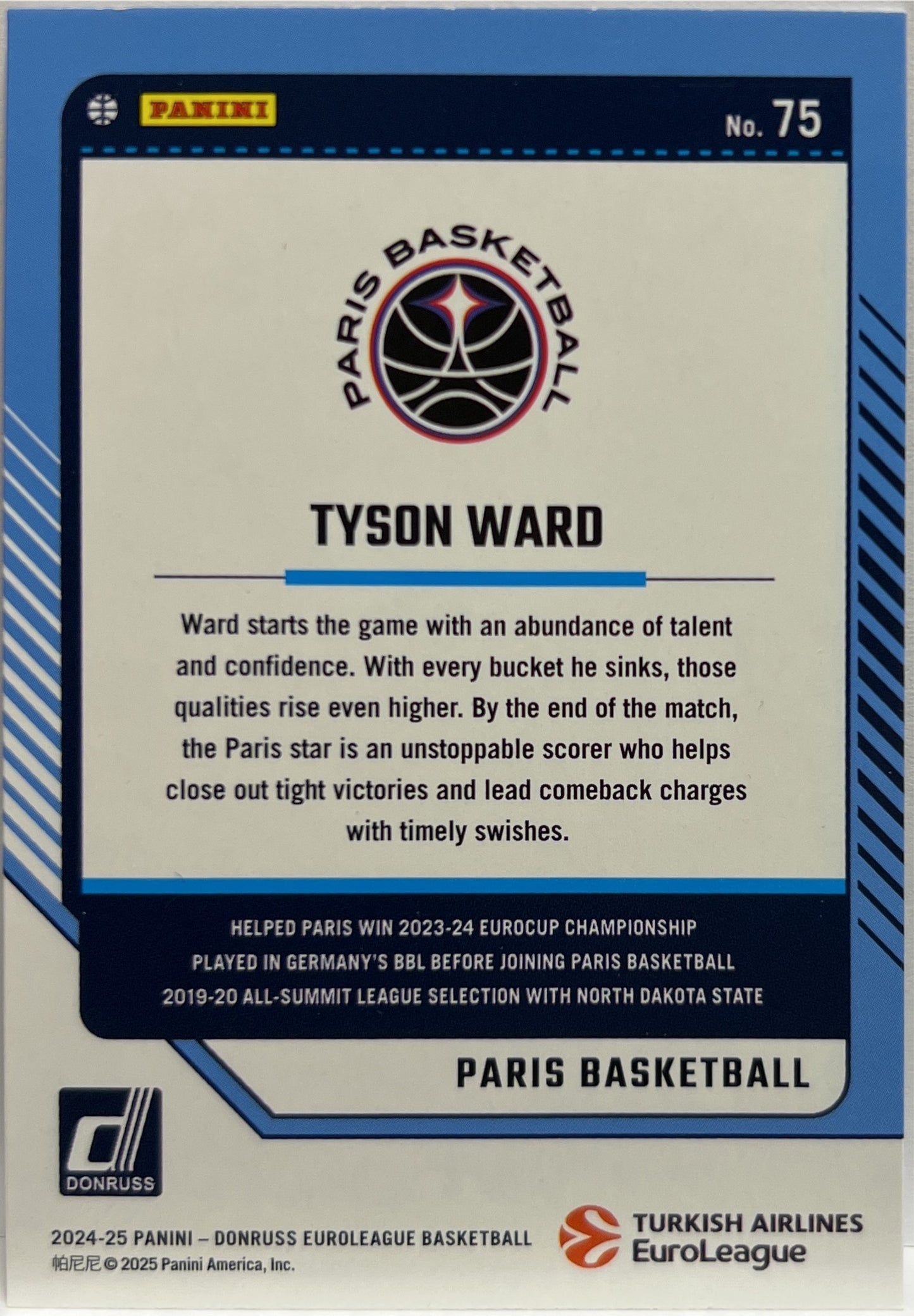 Tyson Ward 114/275 Press Proof Donruss Euroleague Basketball 2024/25