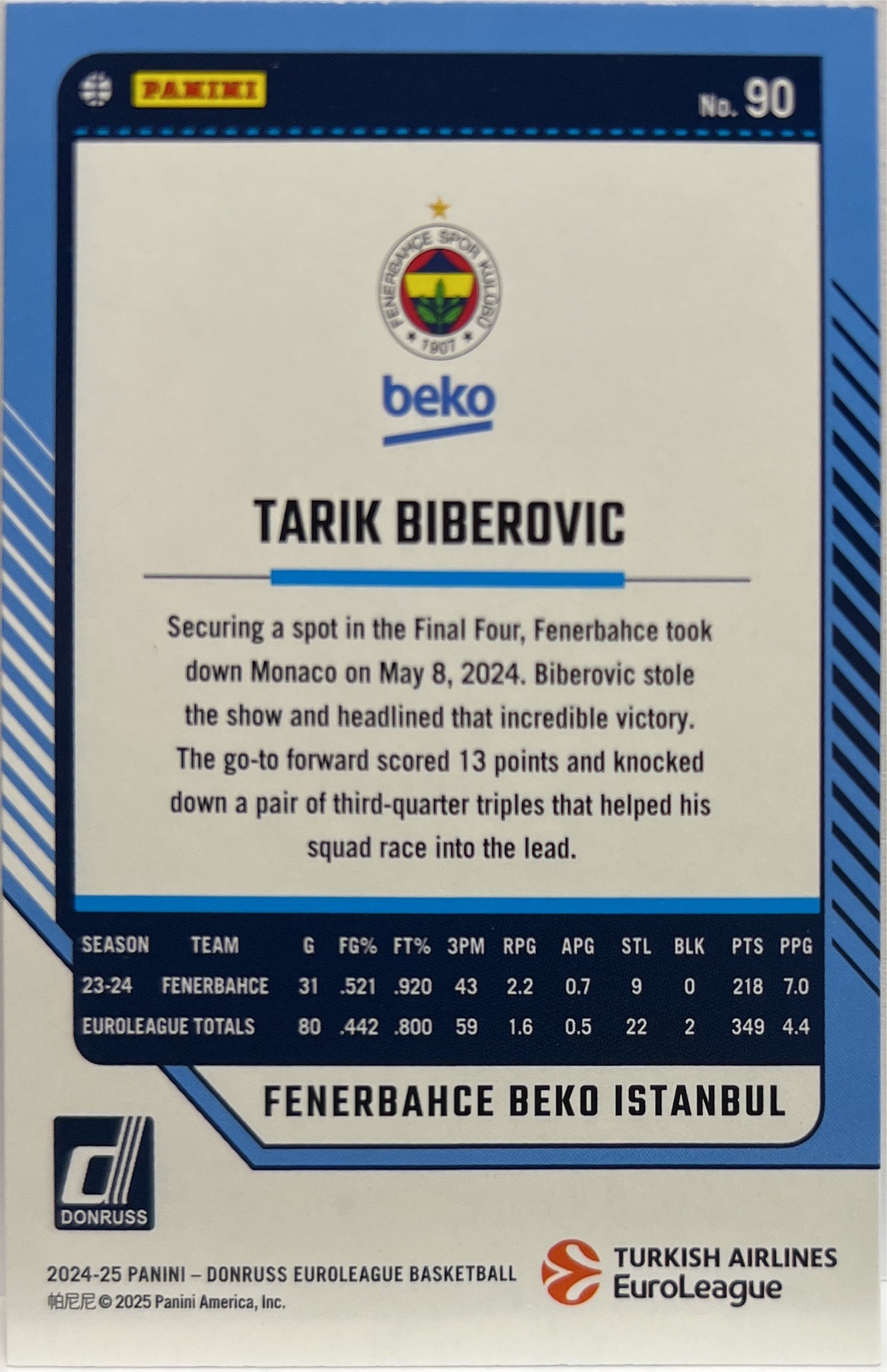 Tarik Biberovic 205/275 Press Proof Donruss Euroleague Basketball 2024/25