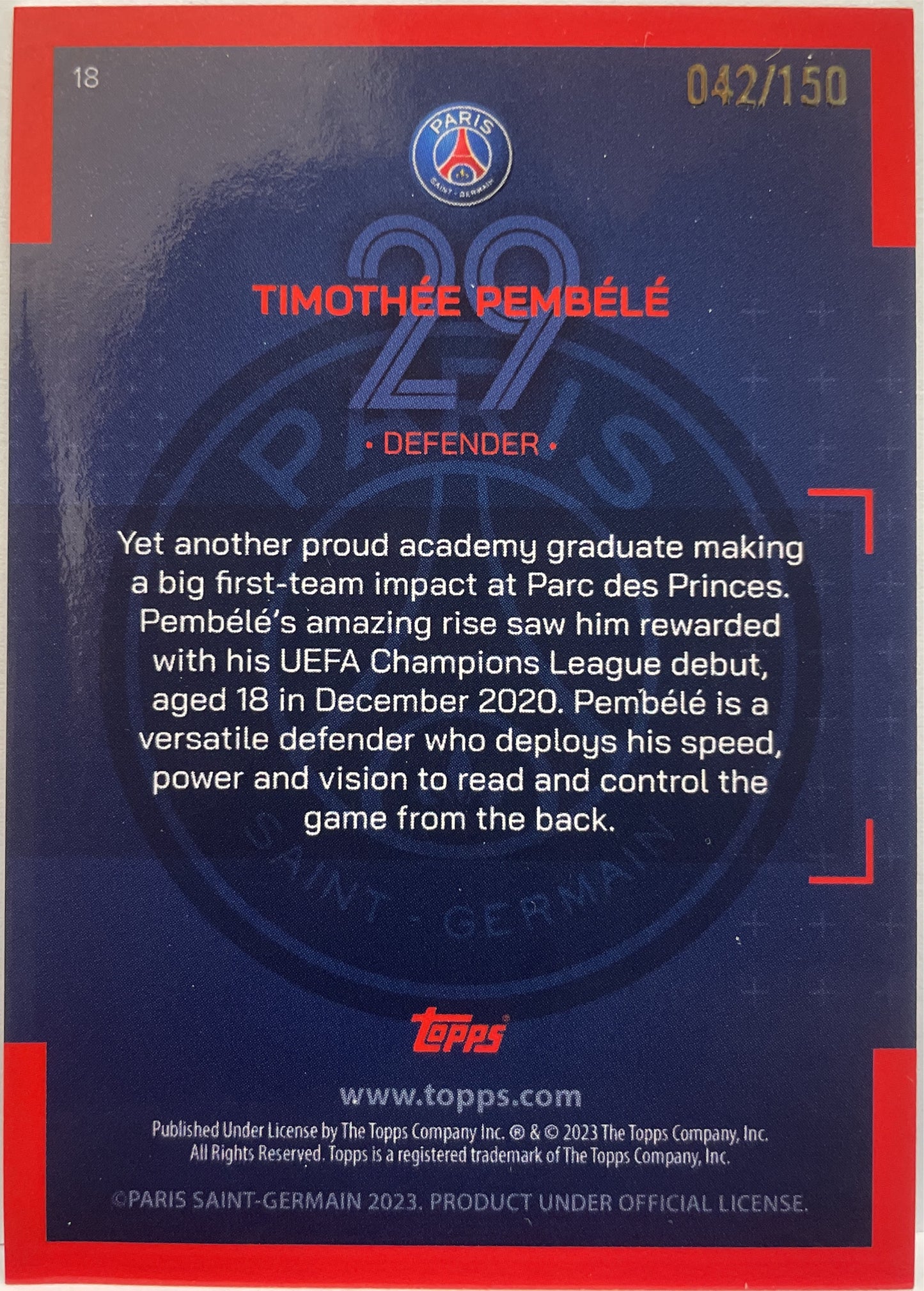 Timothee Pembele 42/150 Rookie Topps PSG Team Set 2022/23