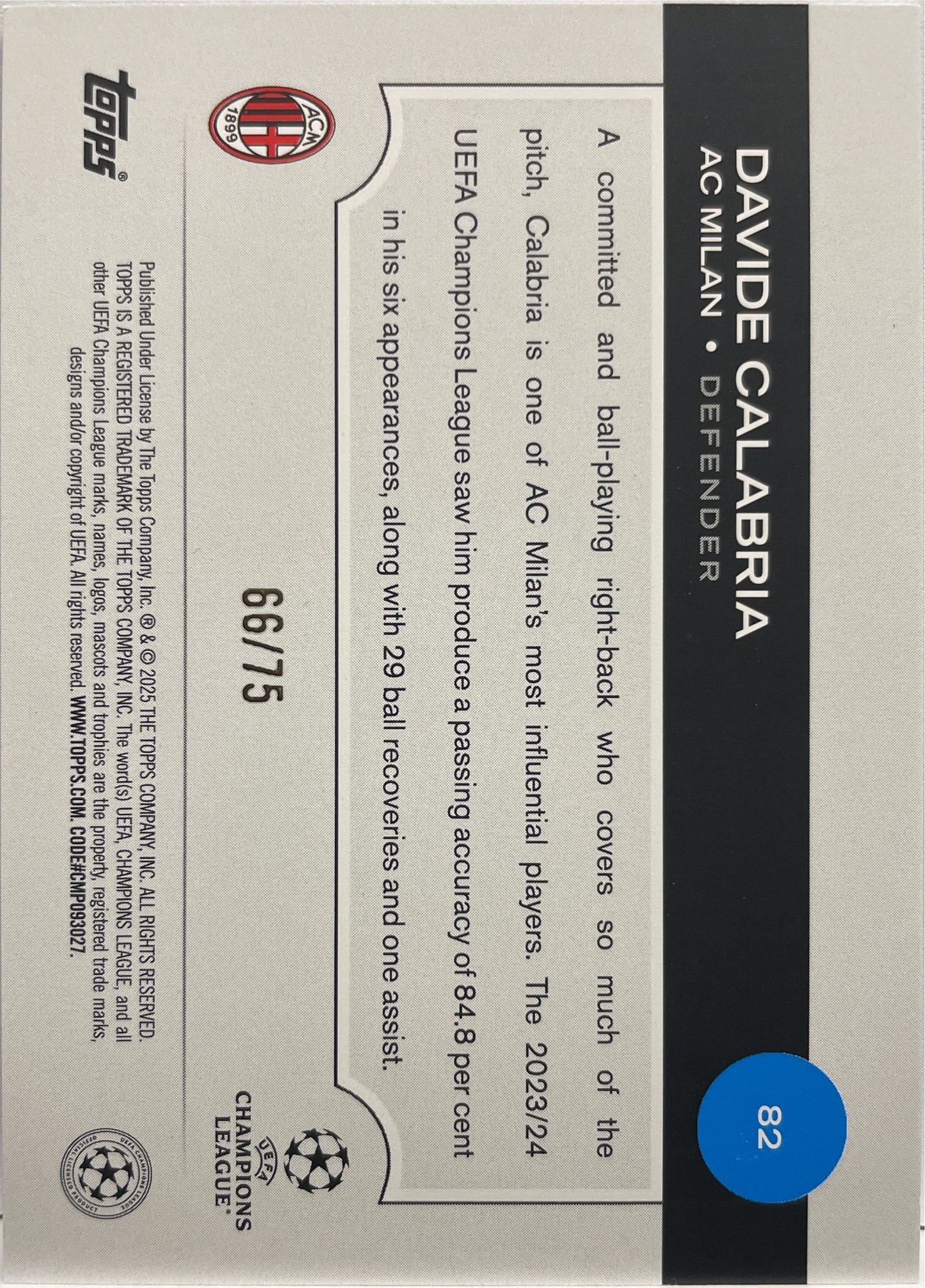 Davide Calabria 66/75 Blue Topps UCC 2024/25