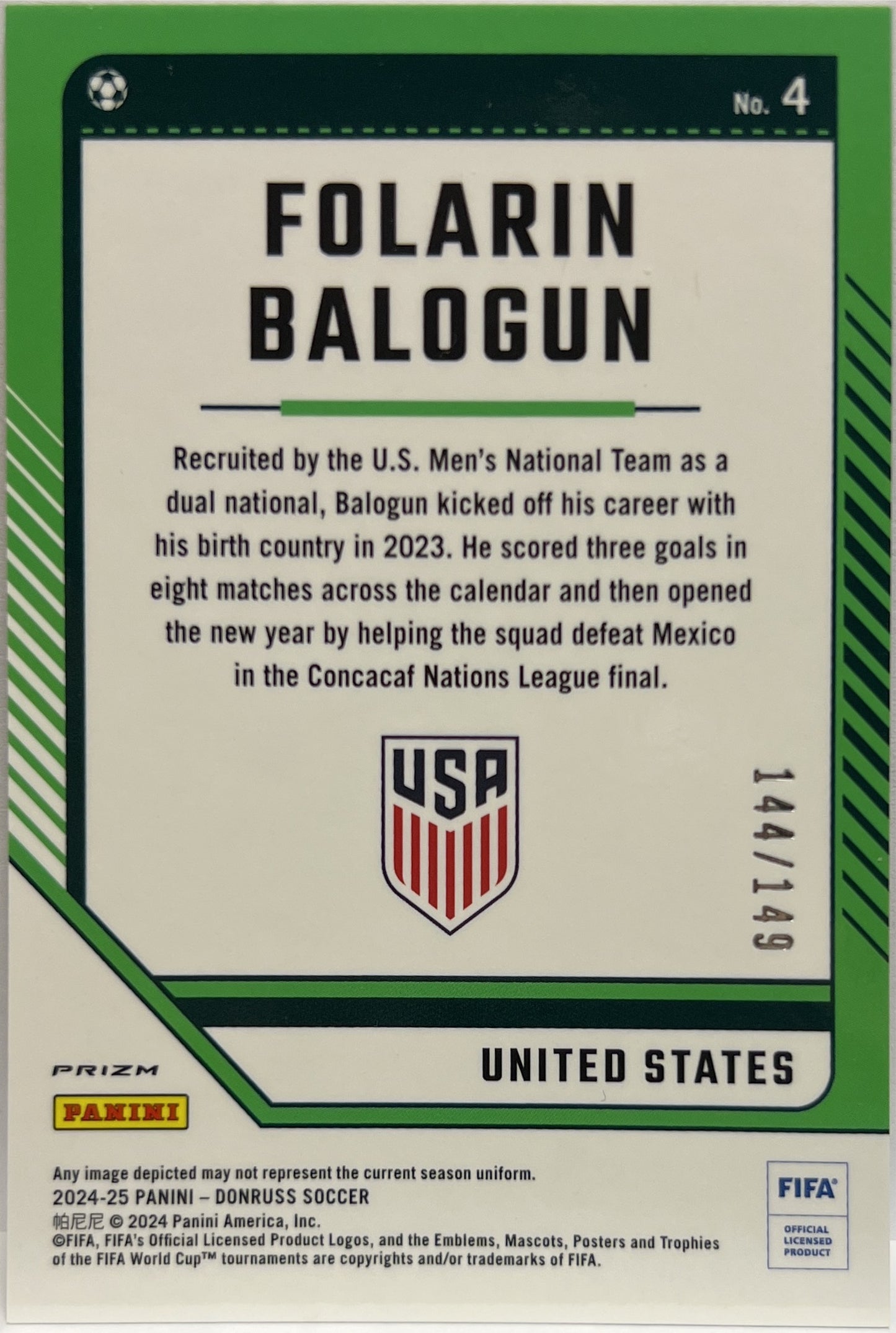 Folarin Balogun 144/149 Optic Blue Donruss Fifa 2024/25