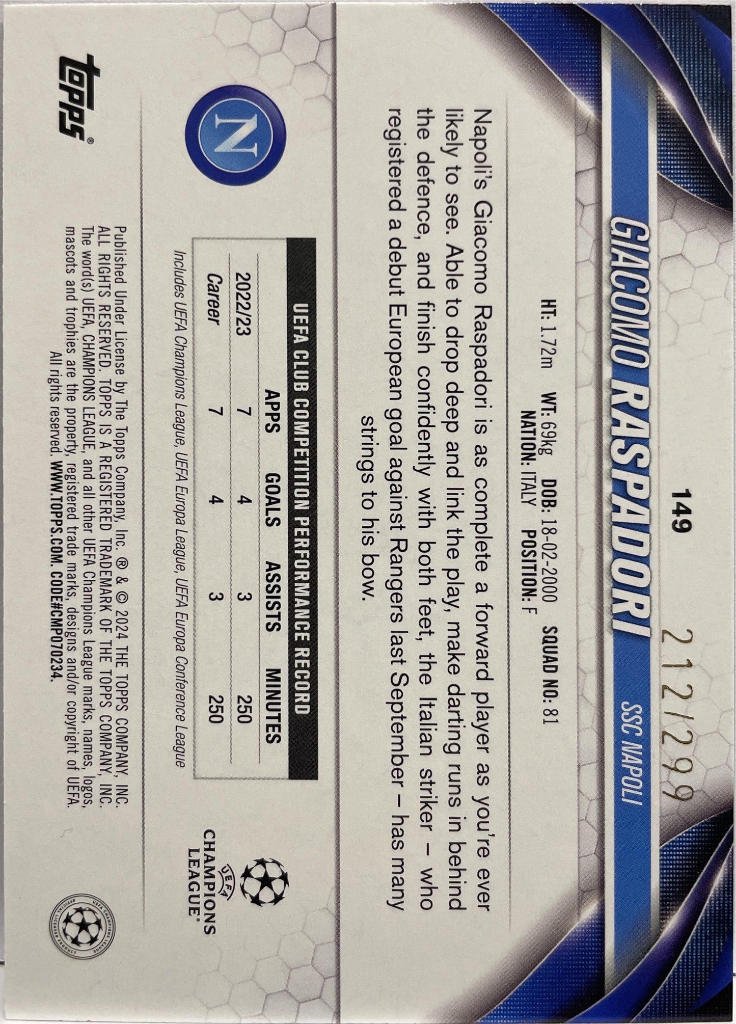 Giacomo Raspadori 212/299 Purple Topps UCC 2023/24