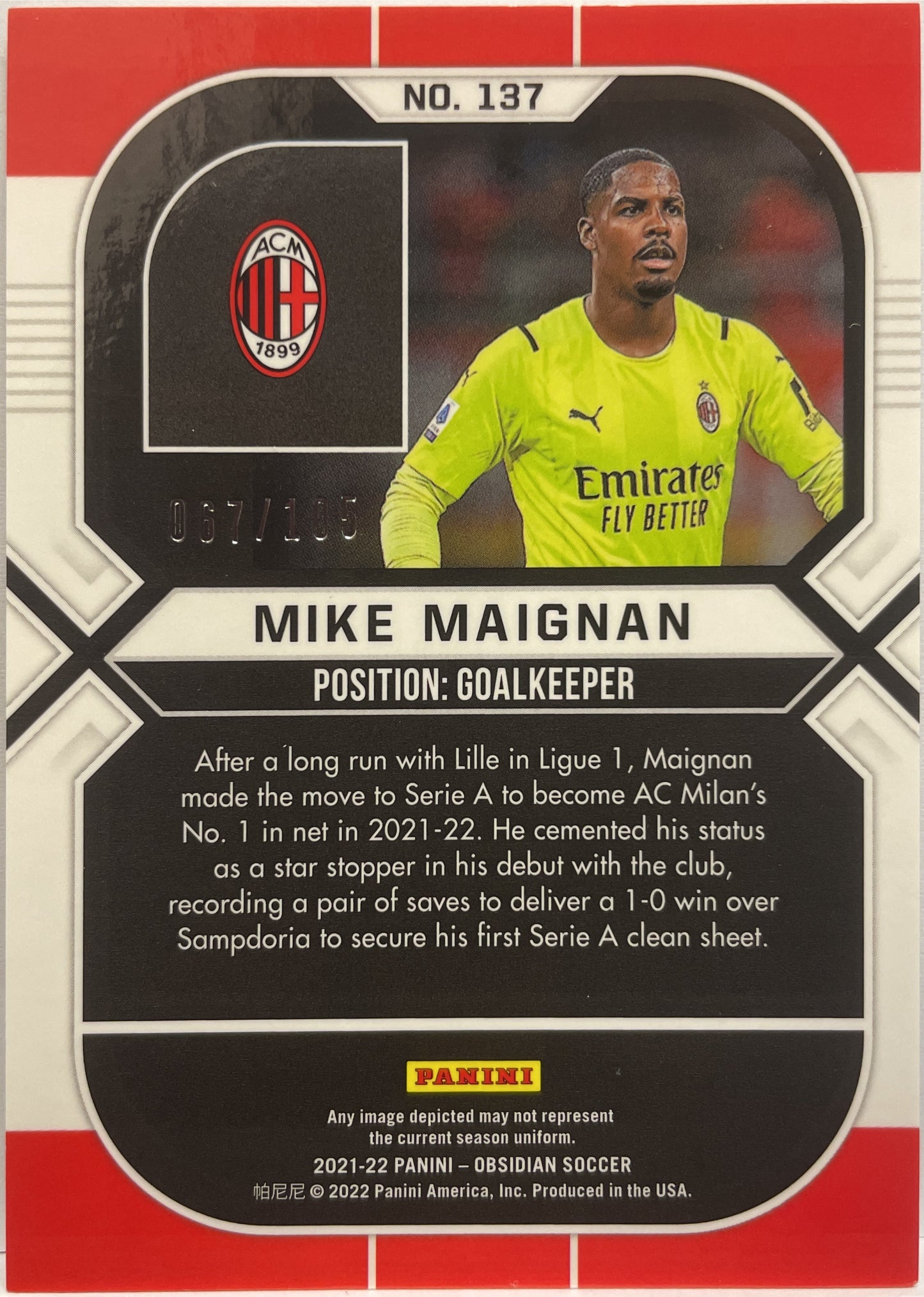 Mike Maignan 67/105 Rookie Obsidian 2021/22