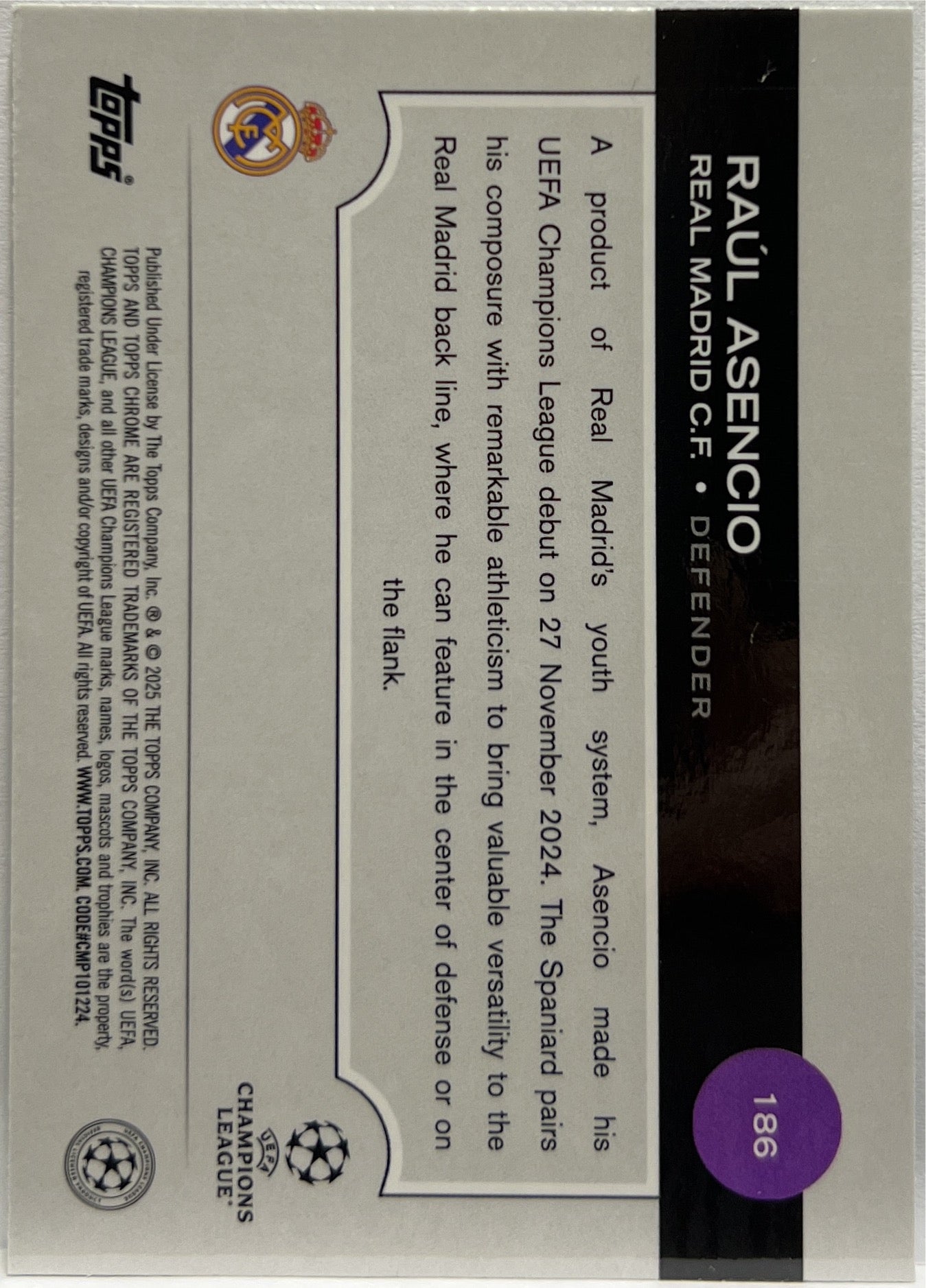 Raul Asencio 99/99 Rookie Green Lava Topps Chrome UCC 2024/25