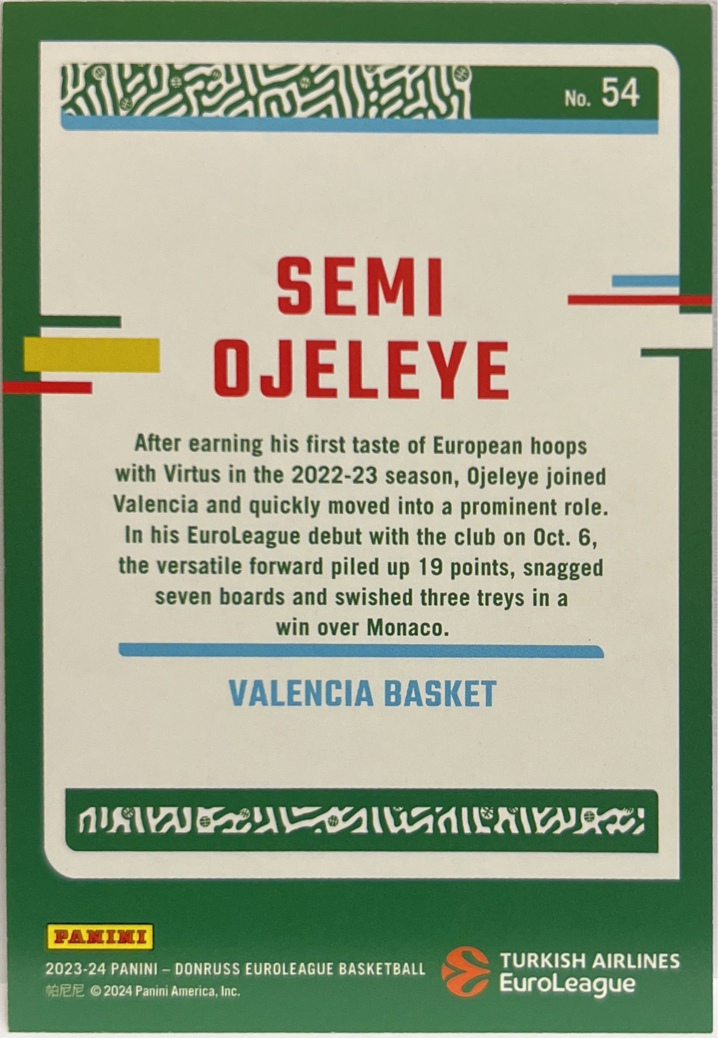 Semi Ojeleye 38/99 Purple Laser Donruss Euroleague Basketball 2023/24