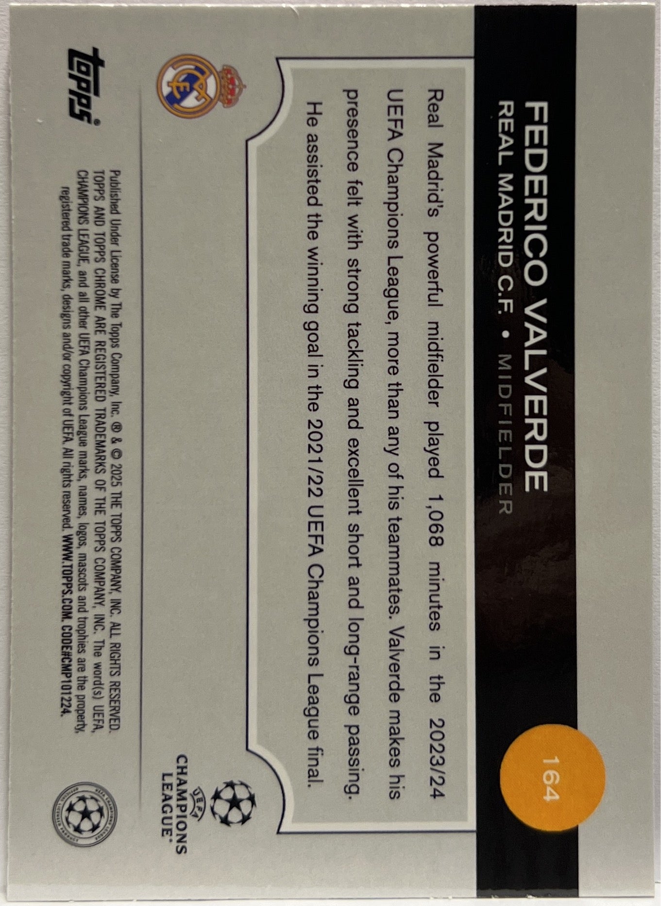 Federico Valverde 159/250 Pink Topps Chrome UCC 2024/25