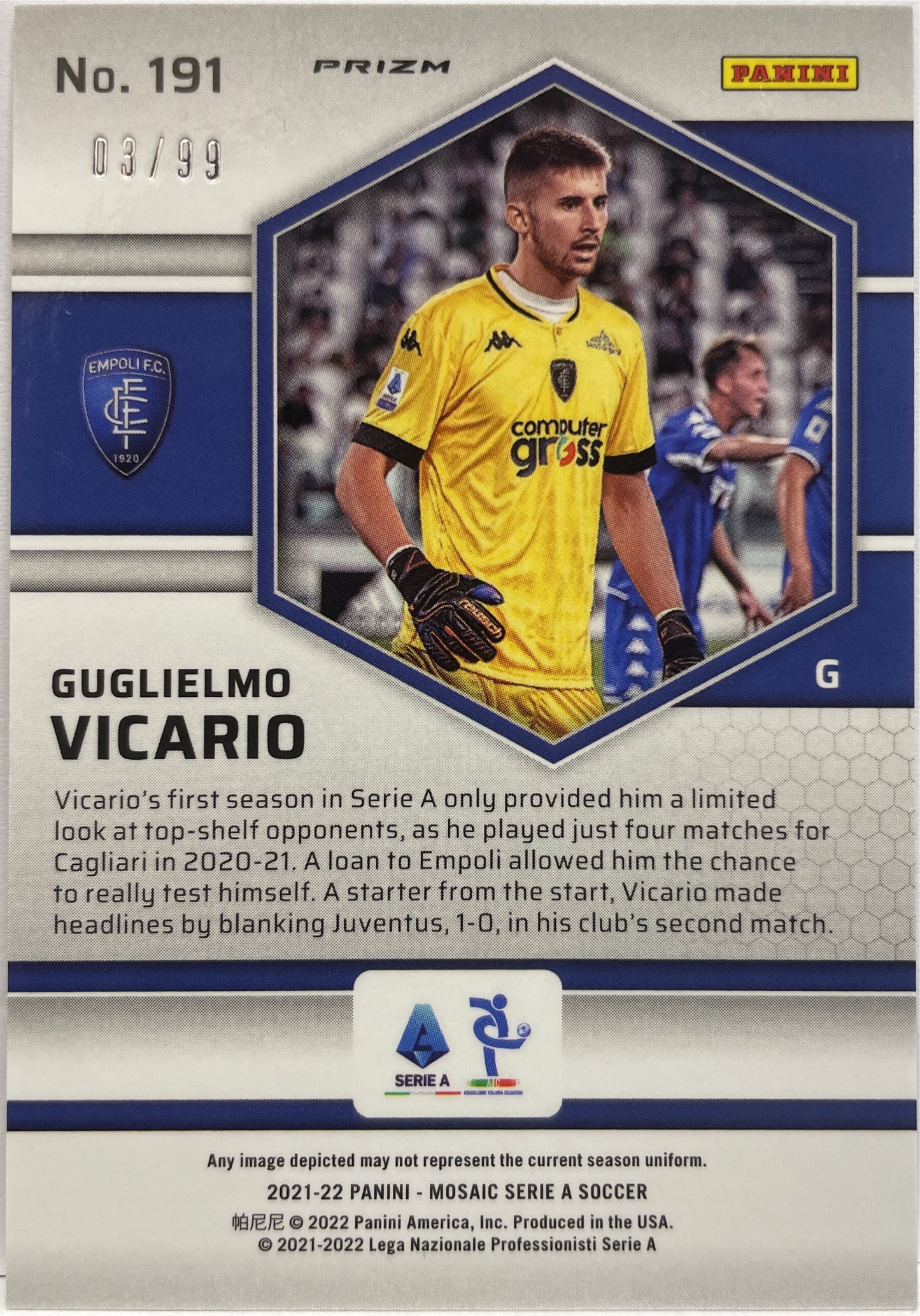 Gugliermo Vicario 3/99 Rookie Blue Mosaic Serie A 2021/22