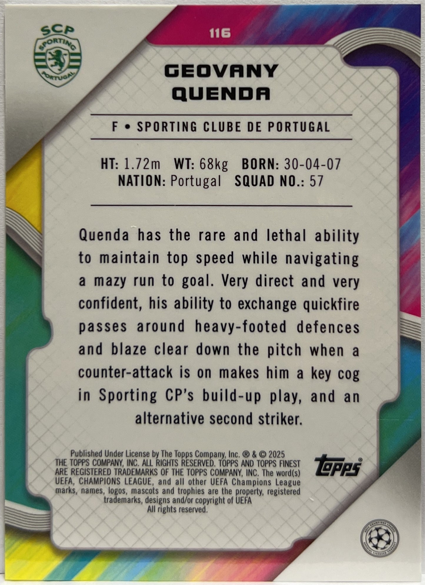 Geovany Quenda 187/199 Rookie Purple Lava Topps Finest UCC 2024/25