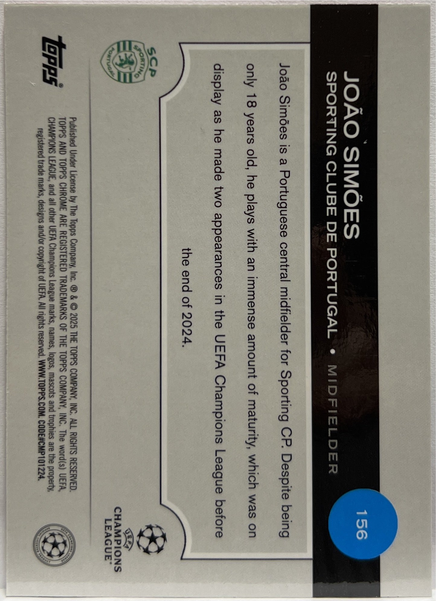 Joao Simoes 207/250 Rookie Pink Topps Chrome UCC 2024/25